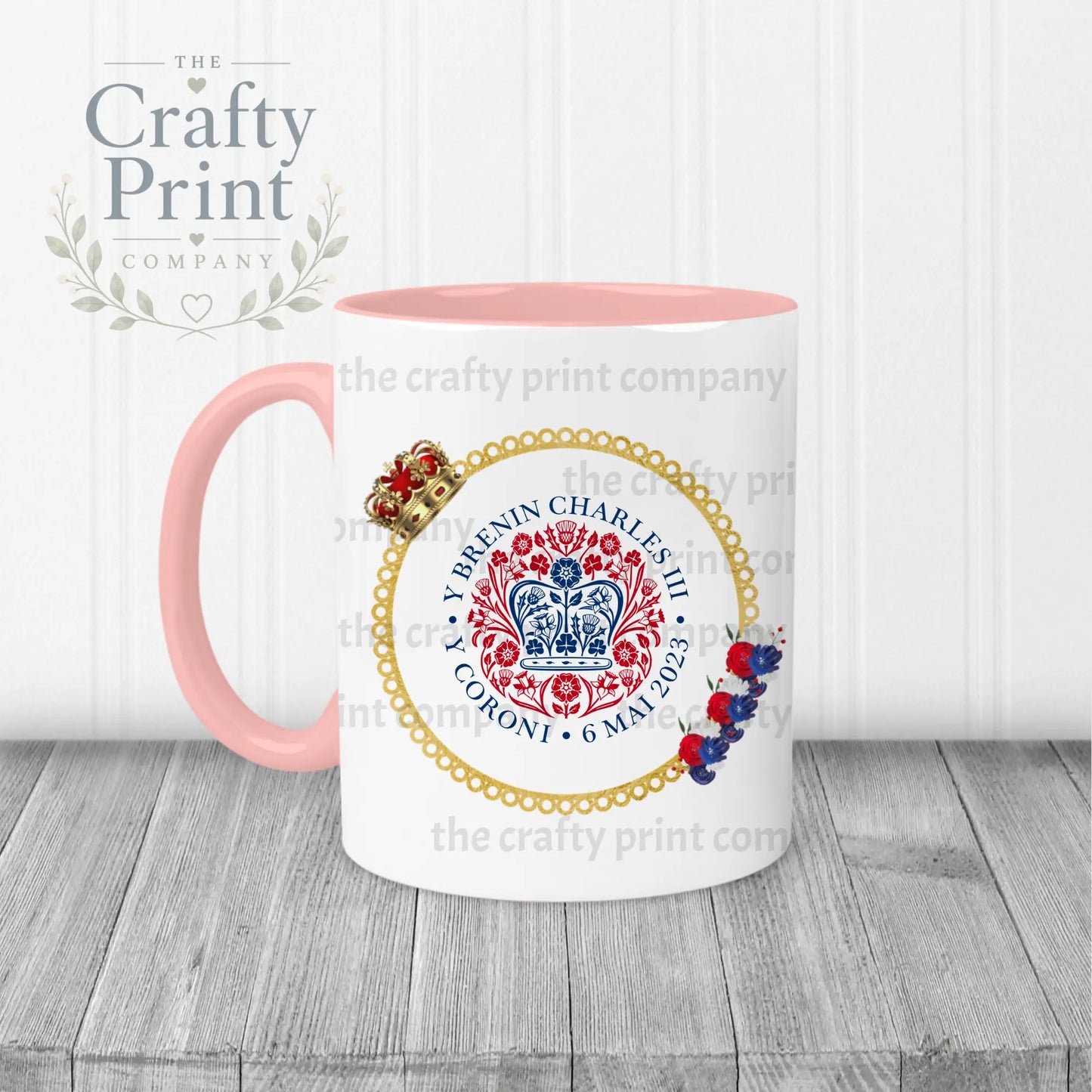 King Charles III Coronation Logo Crown Flowers Mug - Pink