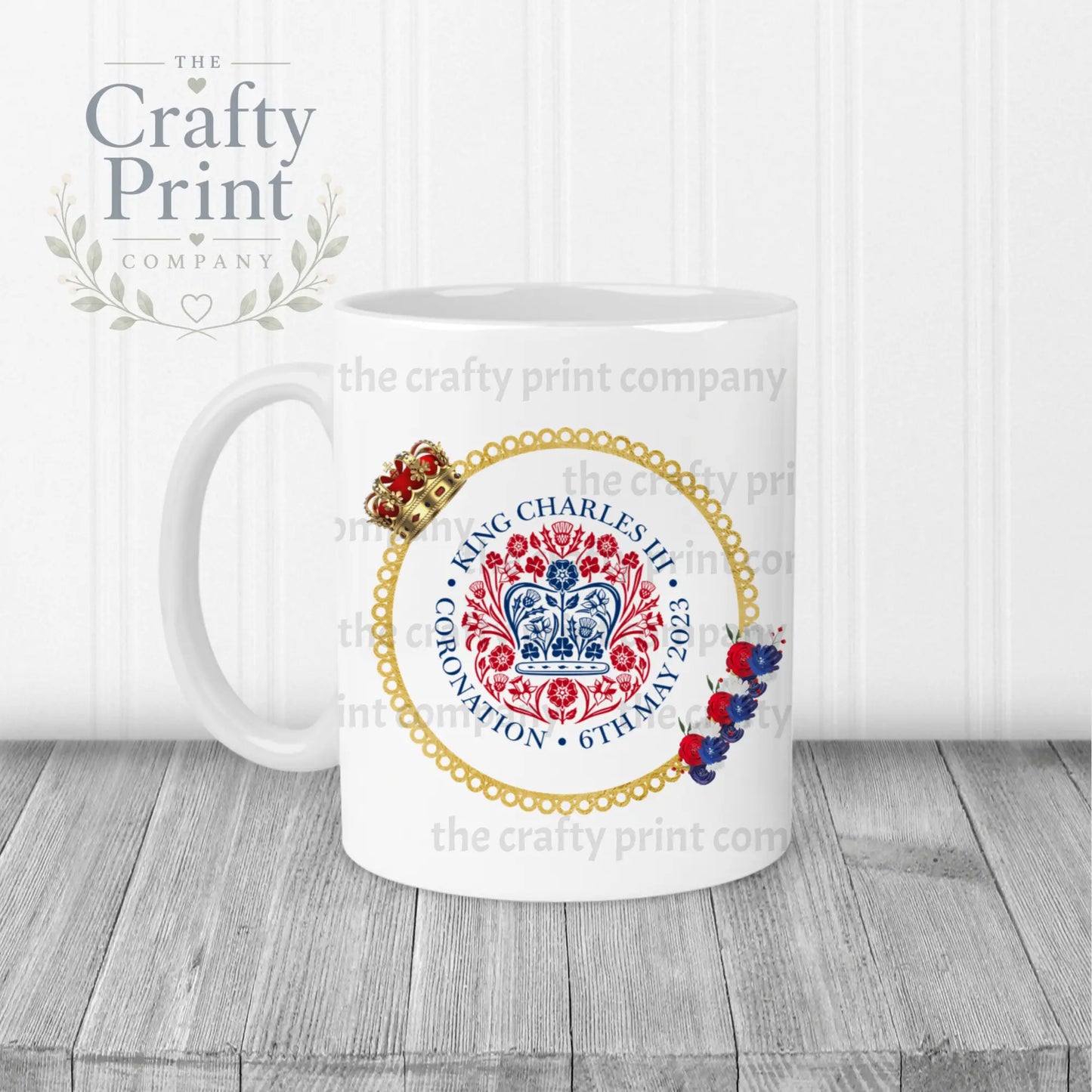 King Charles III Coronation Logo Crown Flowers Mug - White
