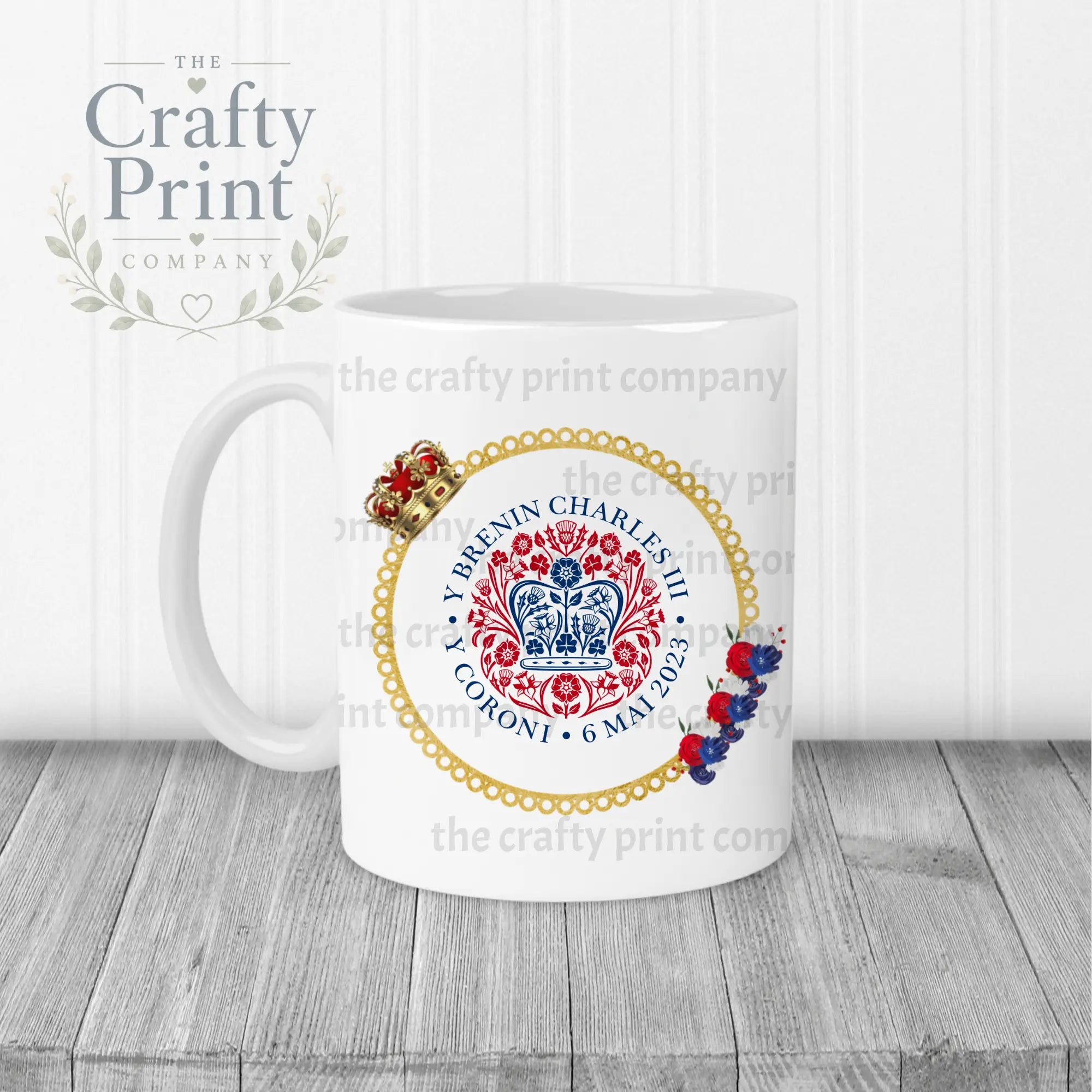 King Charles III Coronation Logo Crown Flowers Mug - White