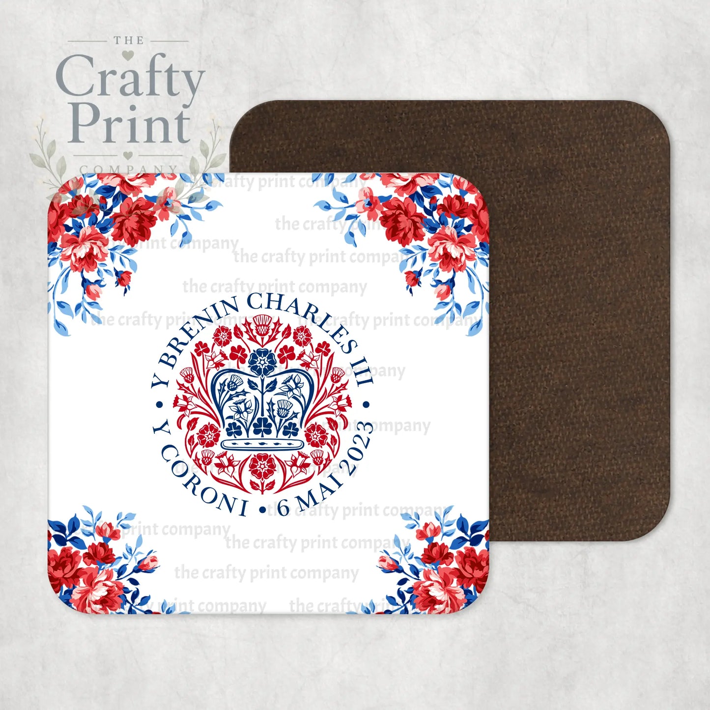 King Charles III Coronation Logo Flowers Coaster - Welsh