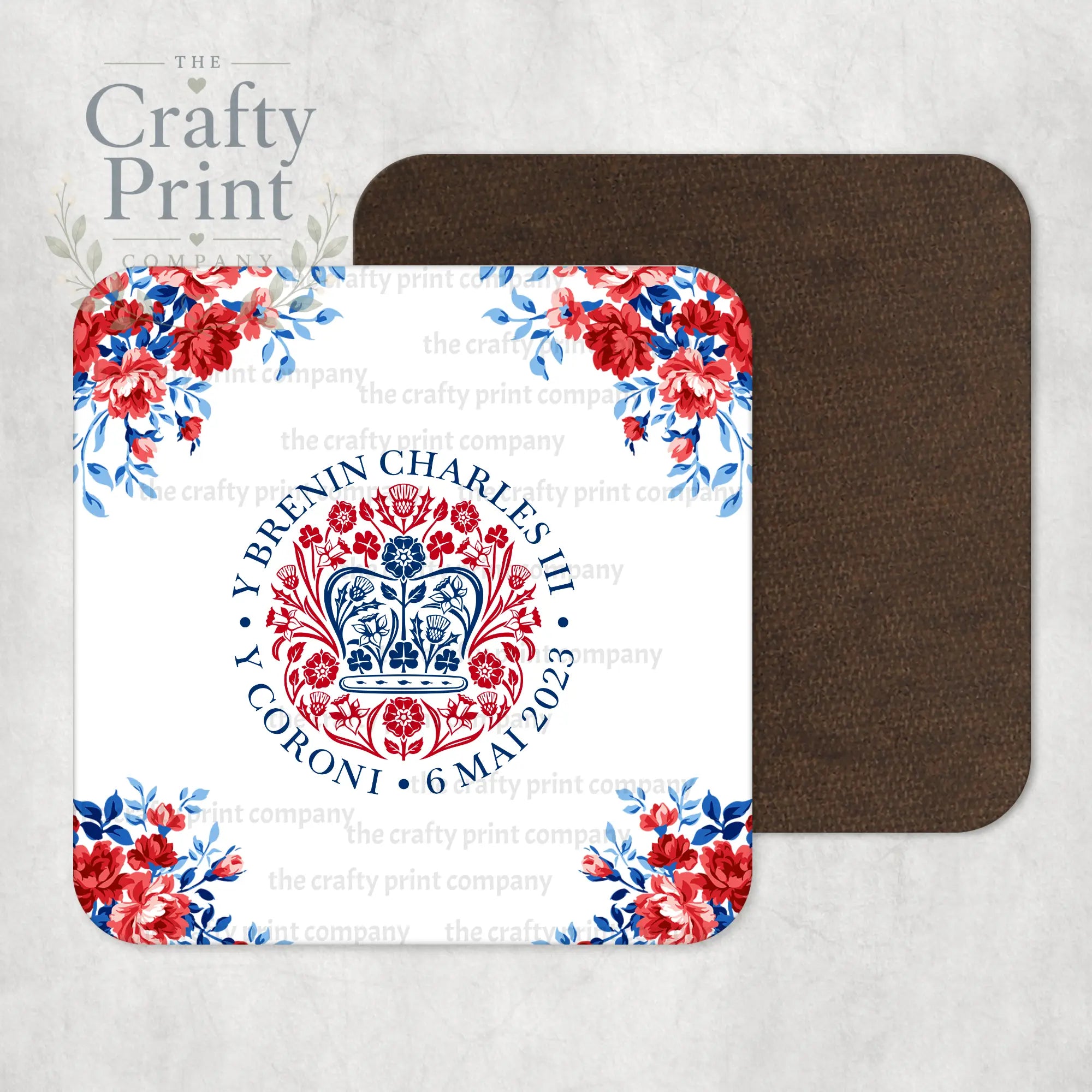 King Charles III Coronation Logo Flowers Coaster - Welsh