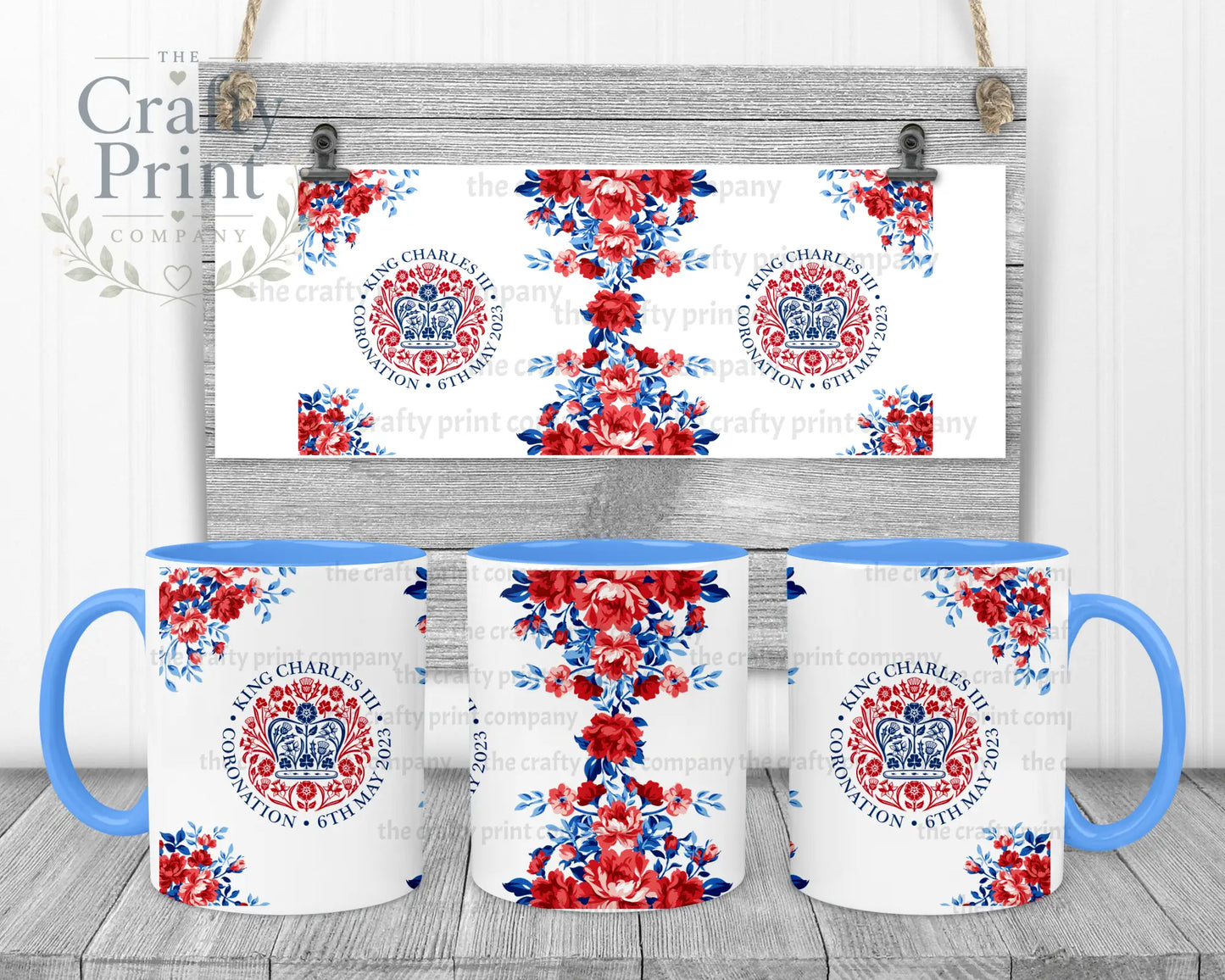 King Charles III Coronation Logo Flowers Mug - Blue Handle