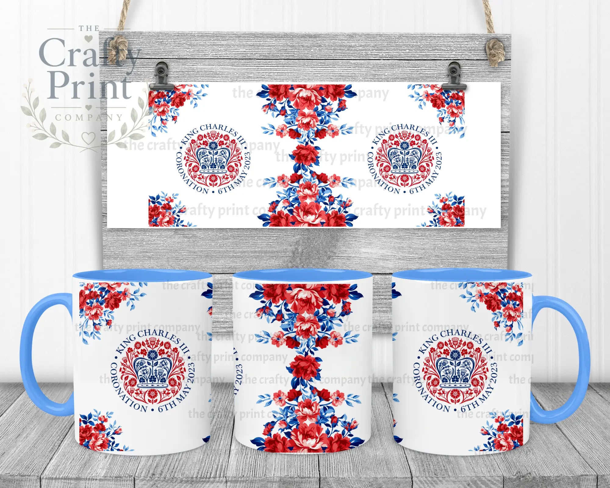 King Charles III Coronation Logo Flowers Mug - Blue Handle
