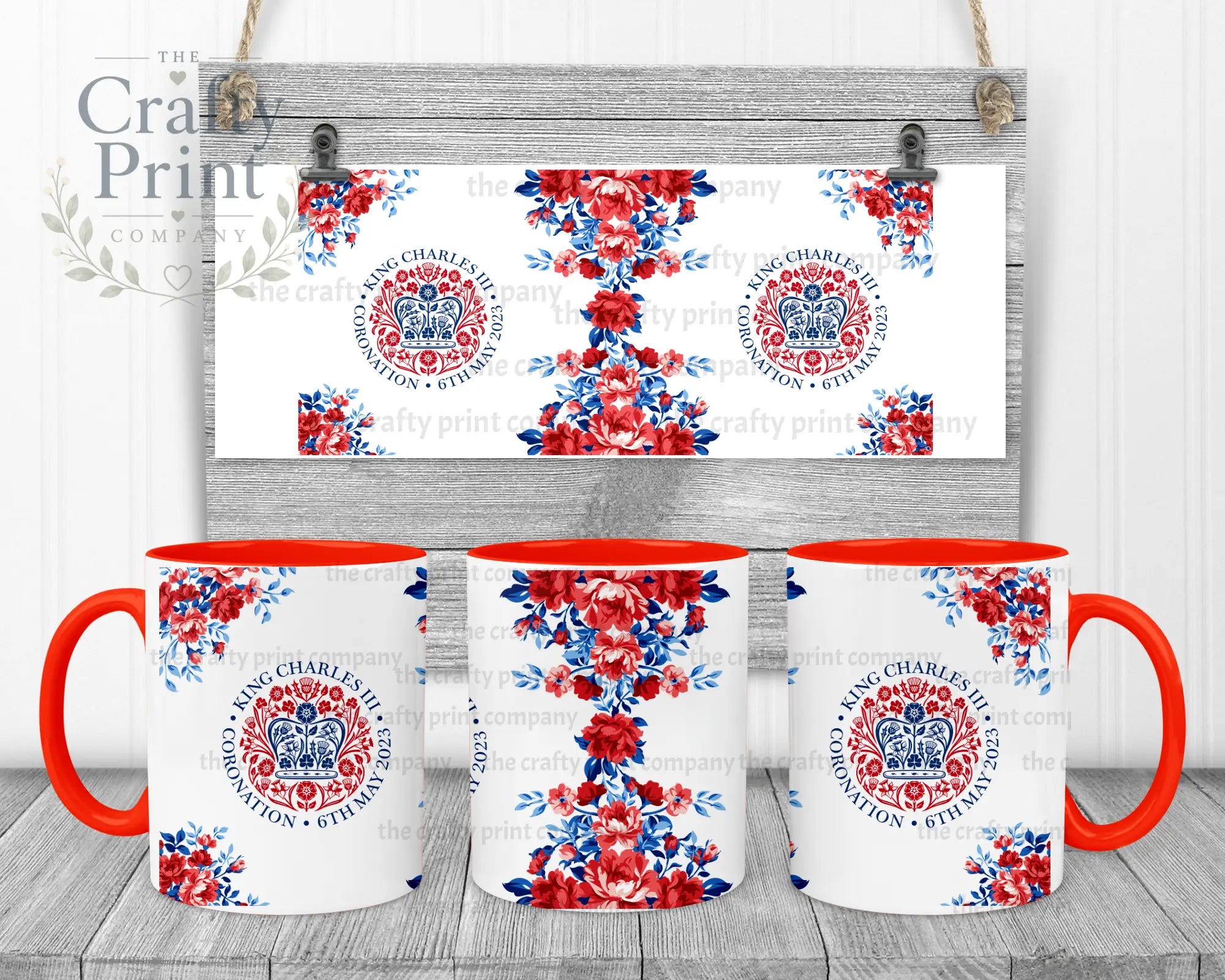 King Charles III Coronation Logo Flowers Mug - Red Handle &