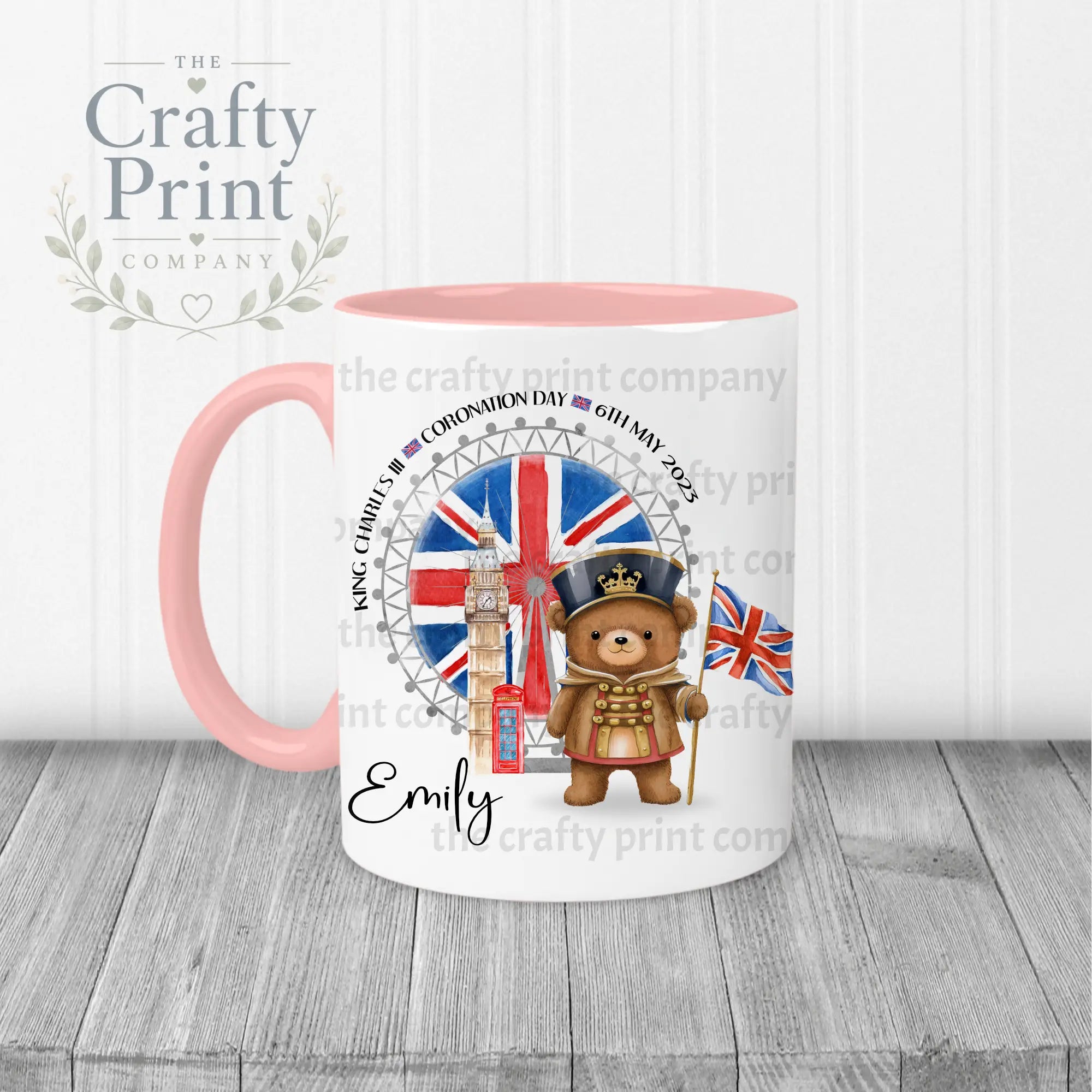 King Charles III Coronation Teddy Flag Mug - Pink Handle &