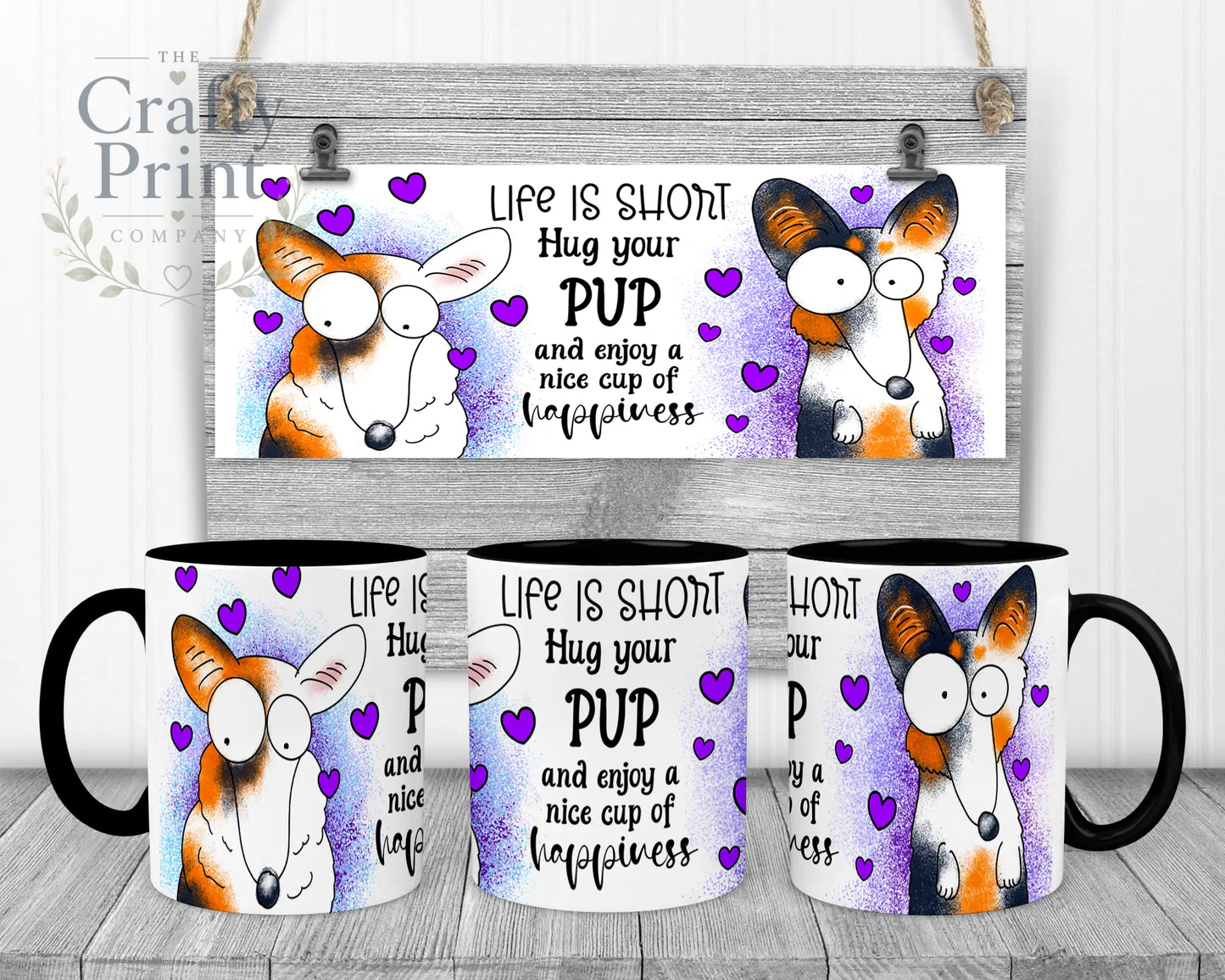 Life is short Hug your Pup Corgi Mug - Black Handle & Inner
