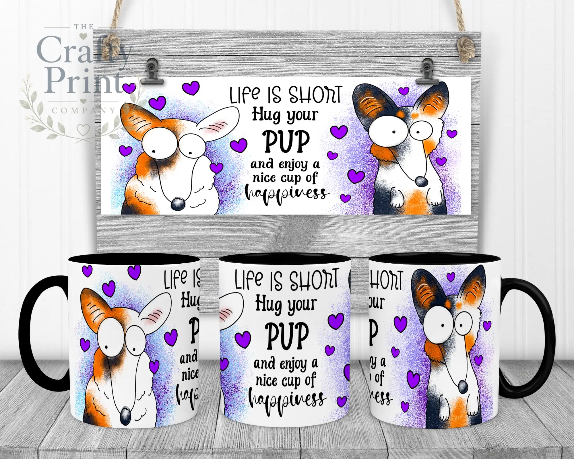 Life is short Hug your Pup Corgi Mug - Black Handle & Inner