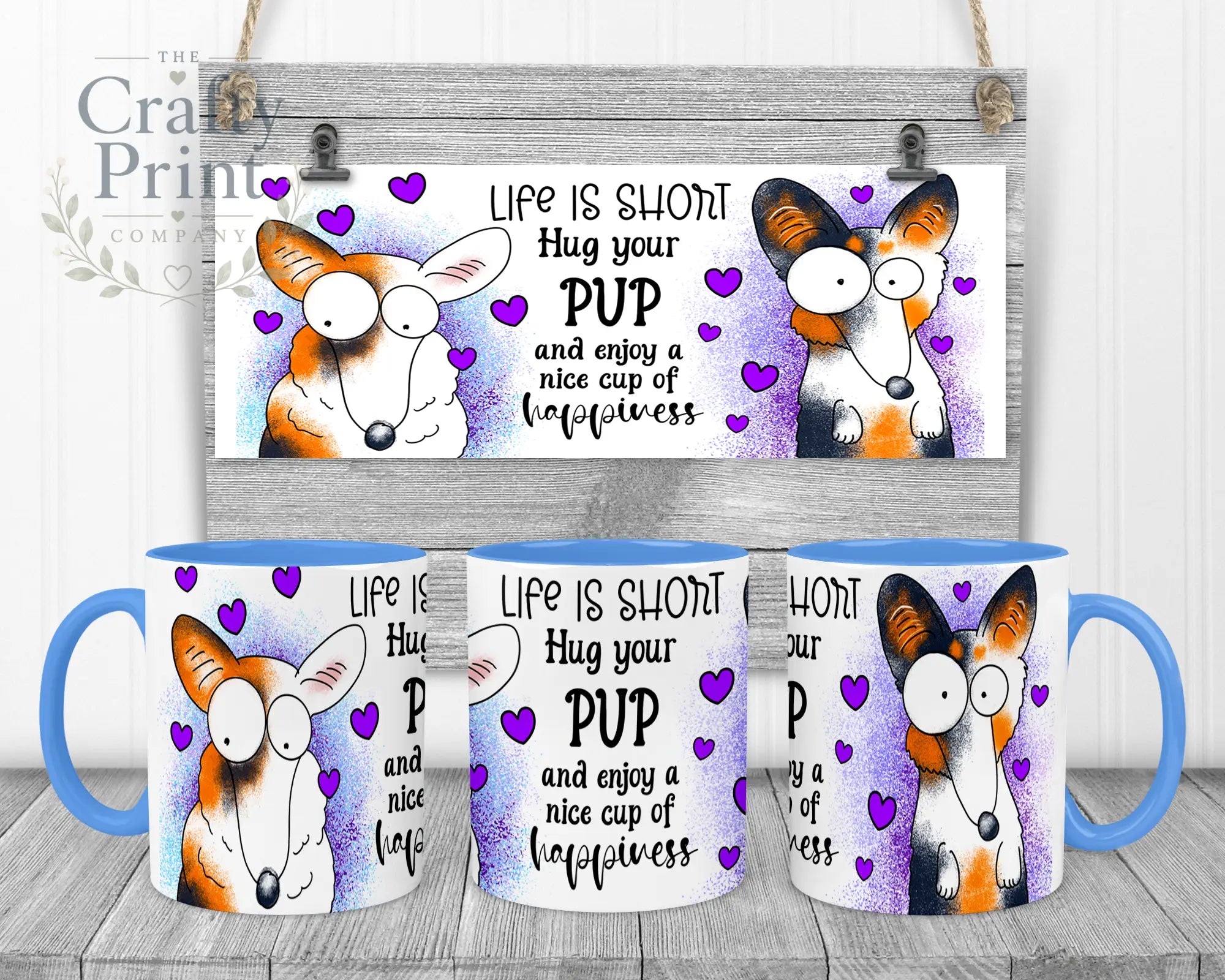 Life is short Hug your Pup Corgi Mug - Blue Handle & Inner