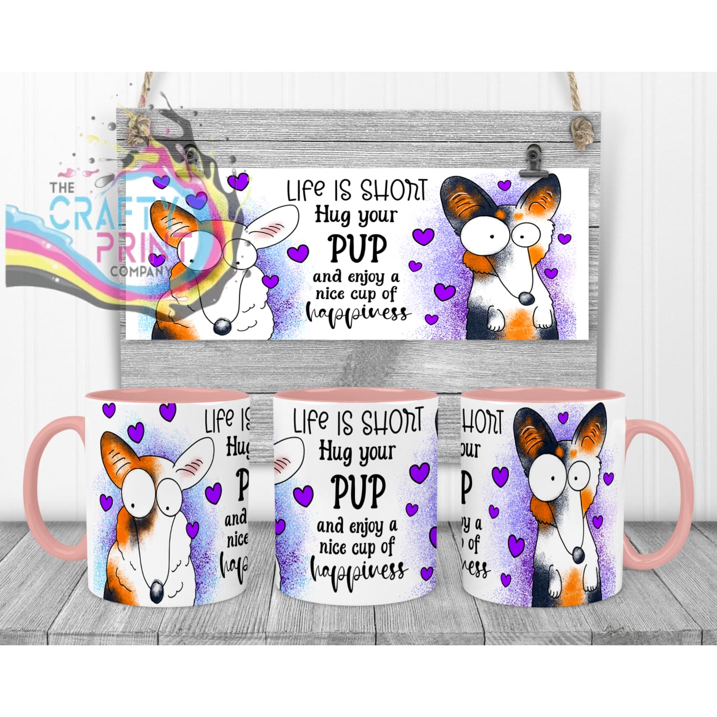 Life is short Hug your Pup Corgi Mug - Pink Handle & Inner