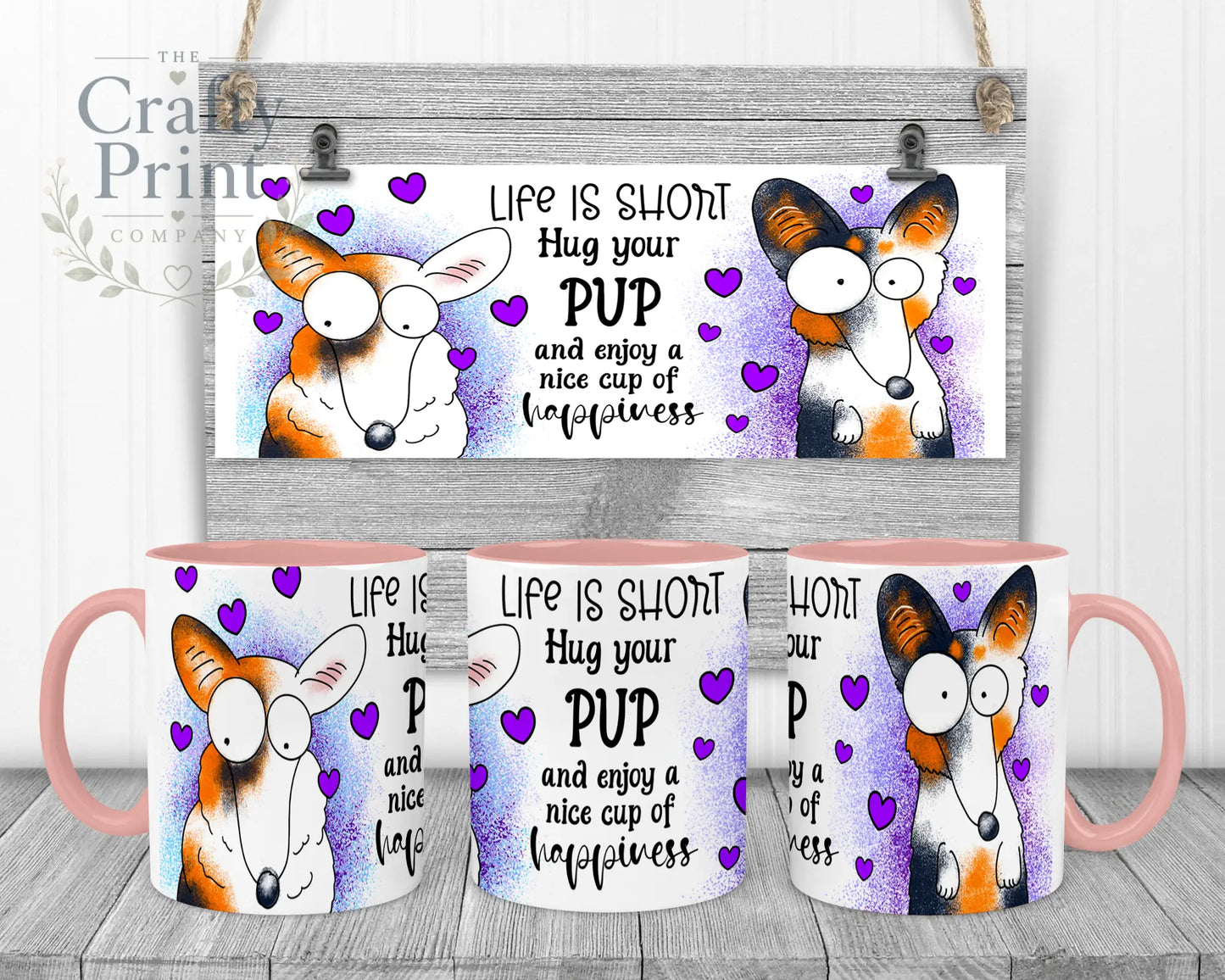 Life is short Hug your Pup Corgi Mug - Pink Handle & Inner
