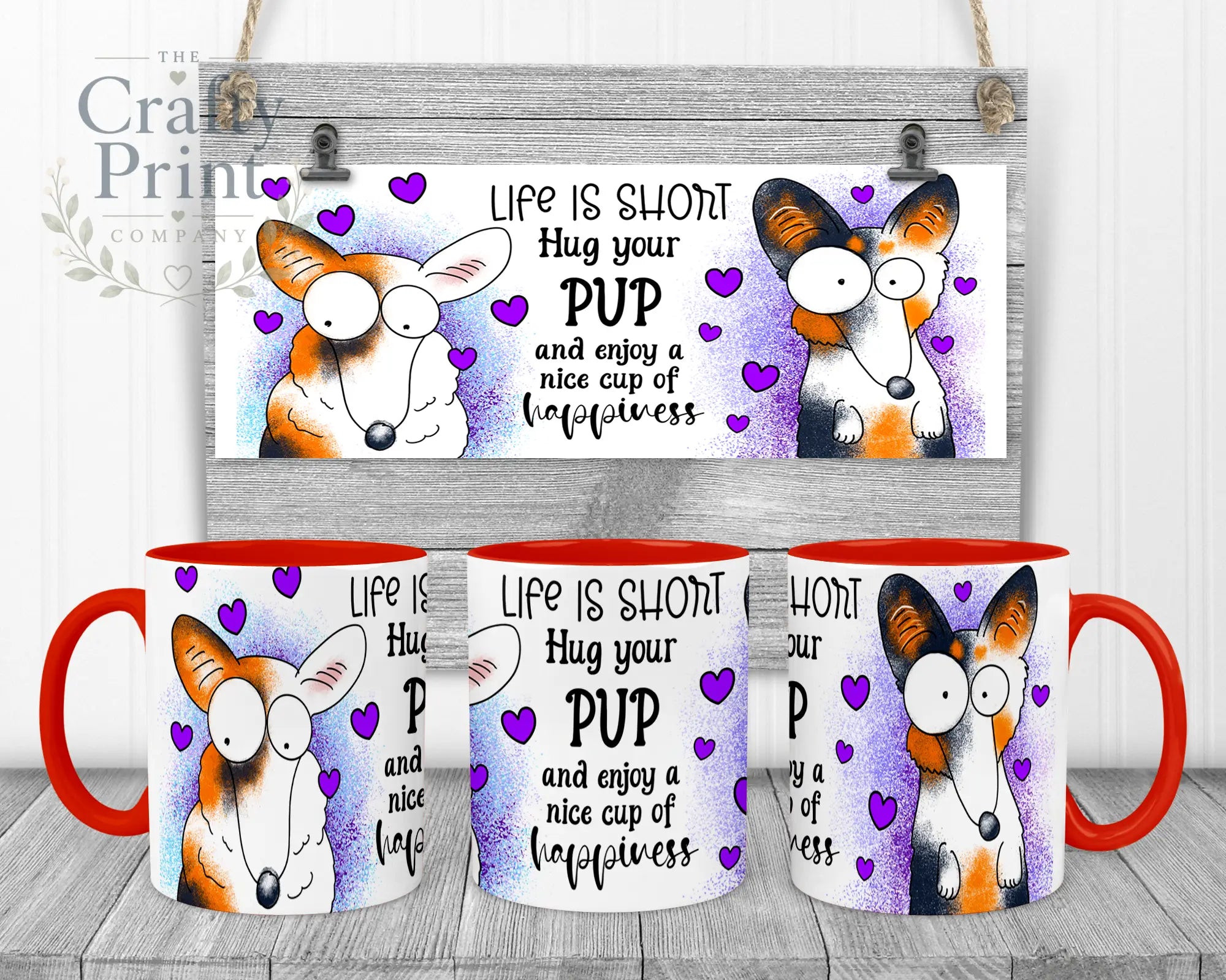 Life is short Hug your Pup Corgi Mug - Red Handle & Inner