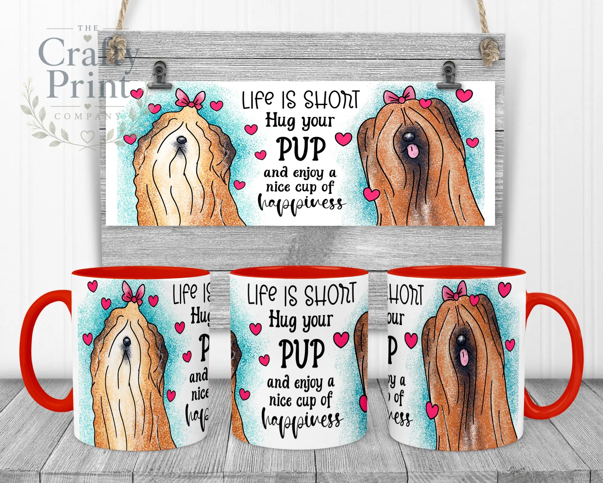 Life is short Hug your Pup Lhasa Apso Dog Mug - Red Handle