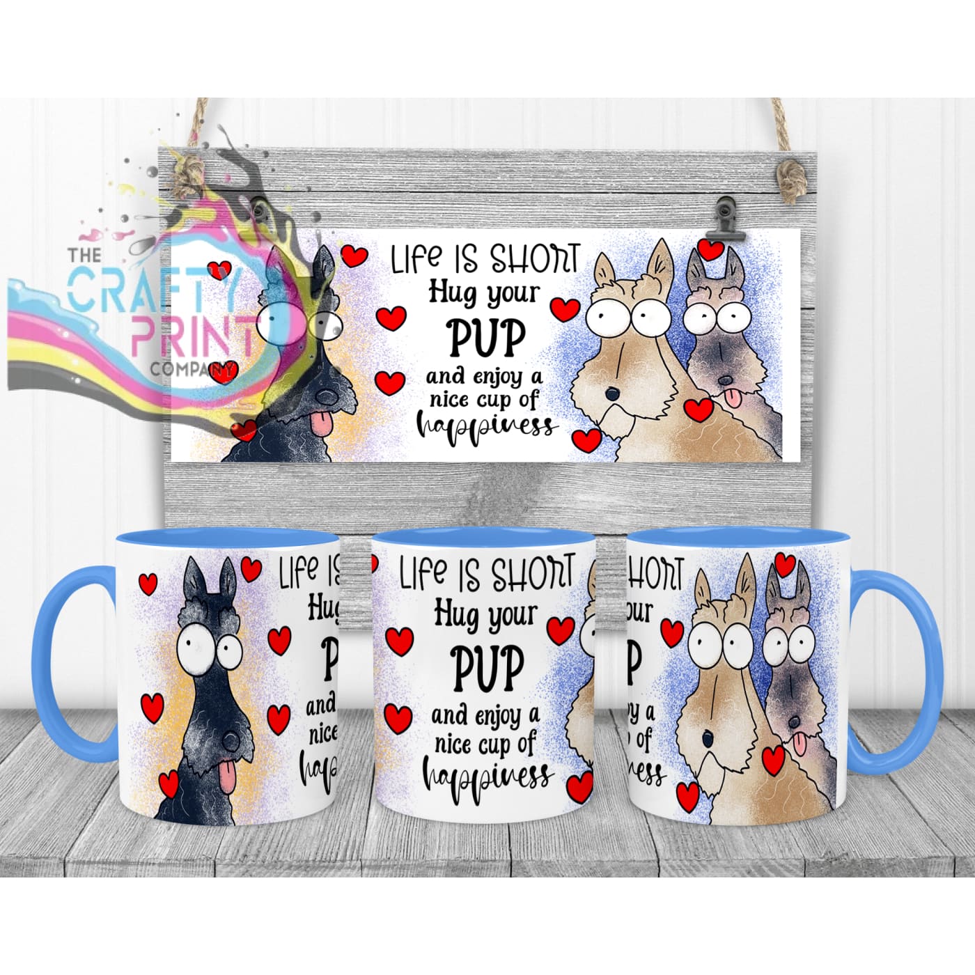 Life is short Hug your Pup Scottie Dog Mug - Blue Handle &