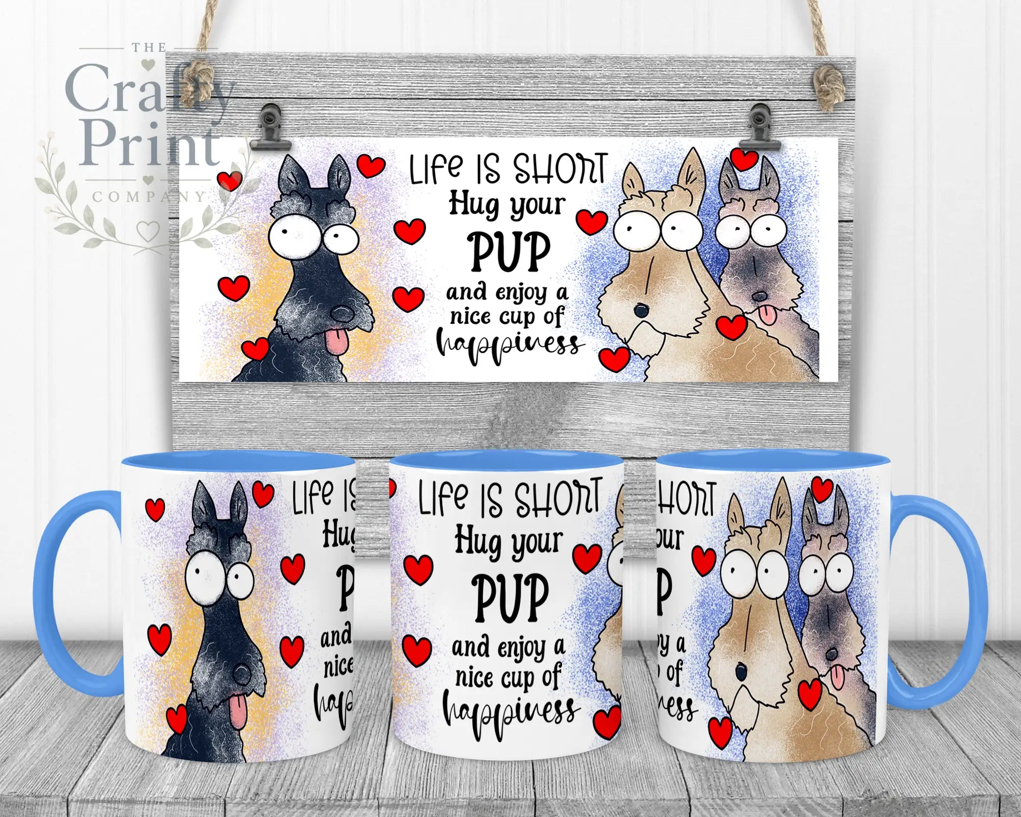 Life is short Hug your Pup Scottie Dog Mug - Blue Handle &