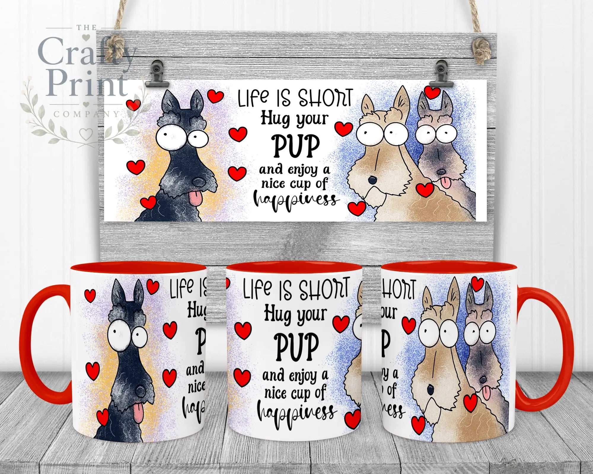 Life is short Hug your Pup Scottie Dog Mug - Red Handle &