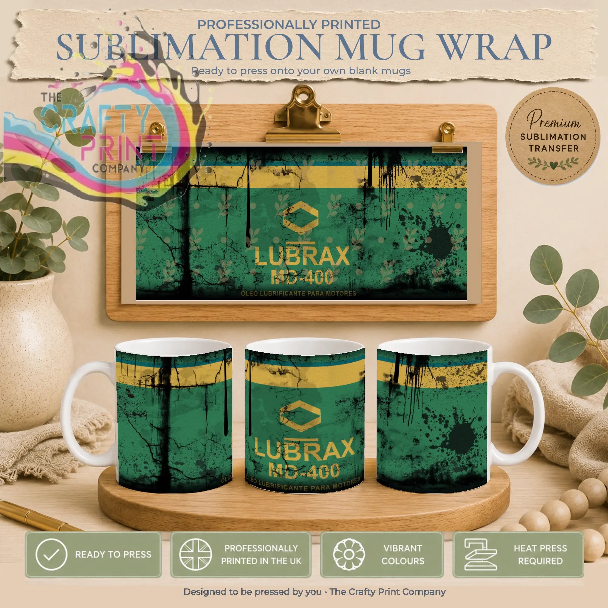 Green and yellow distressed lubrax md-400 sublimation mug wrap with vintage industrial design ready to press uk