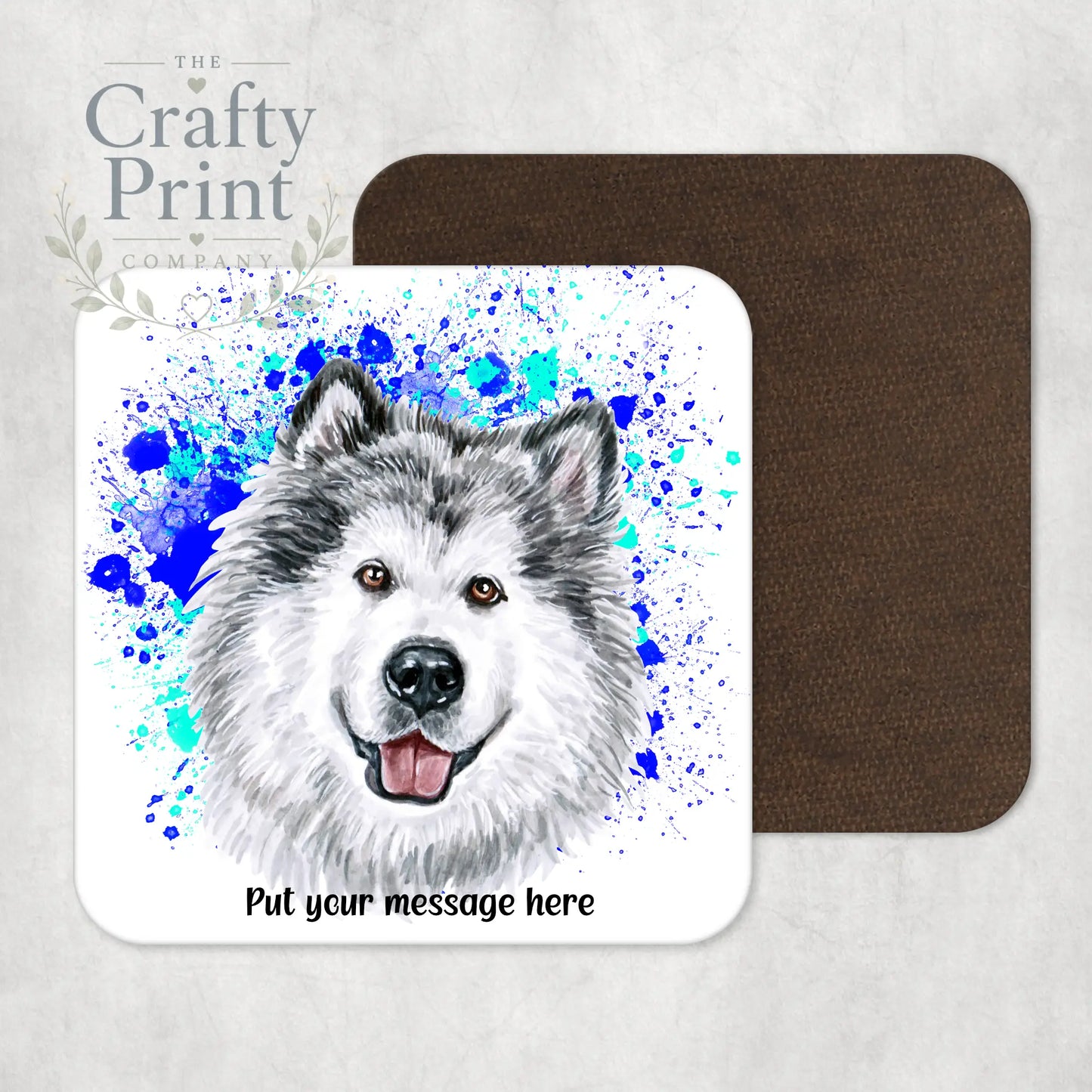 Malamute Paint Splatter Personalised Coaster - Blue - Green
