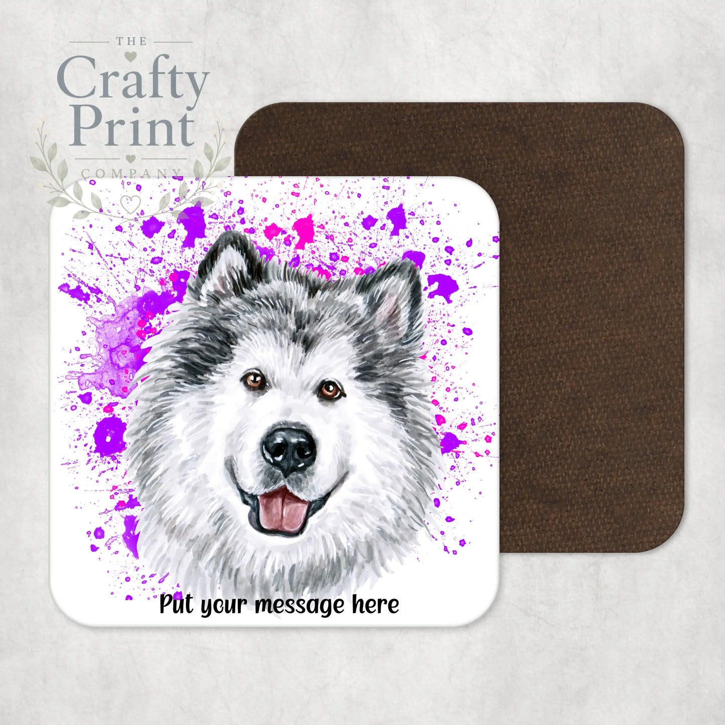 Malamute Paint Splatter Personalised Coaster - Pink