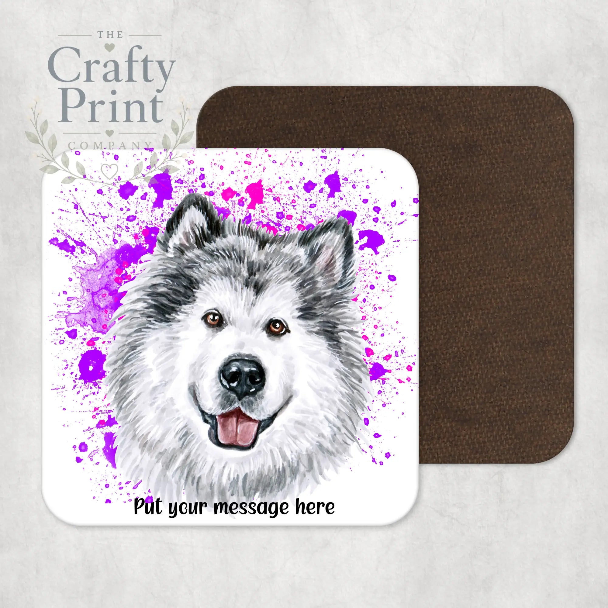 Malamute Paint Splatter Personalised Coaster - Pink