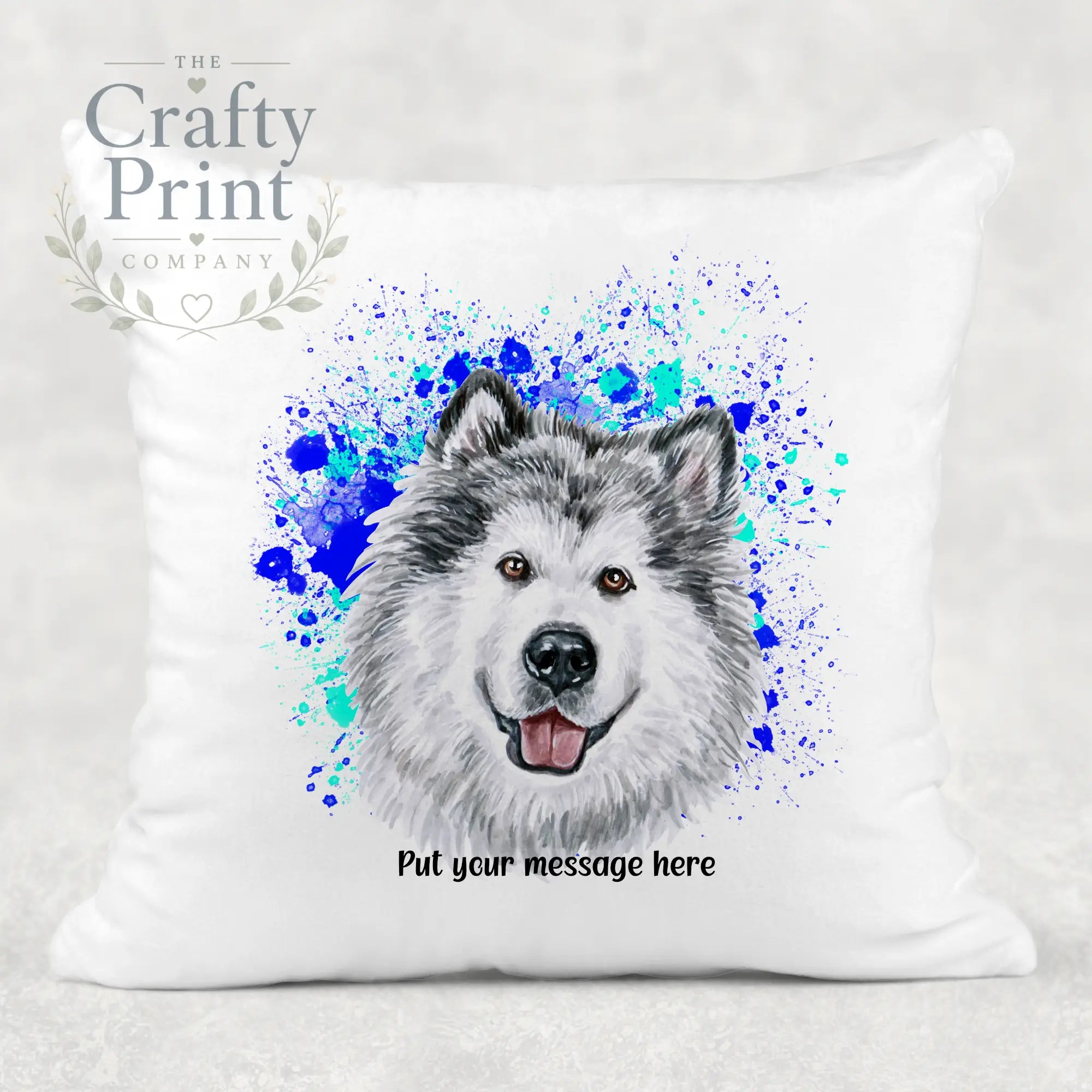 Malamute Paint Splatter Personalised Cushion - Blue - Green