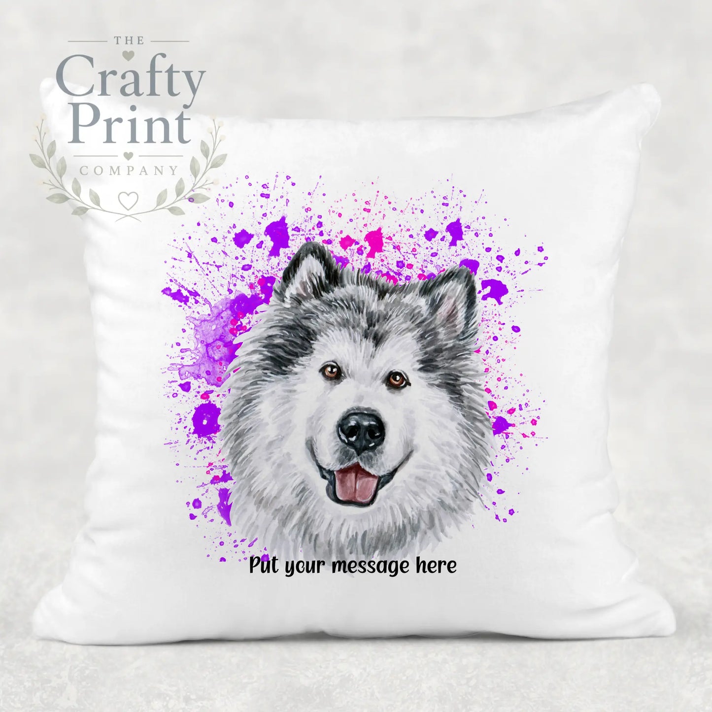 Malamute Paint Splatter Personalised Cushion - Pink