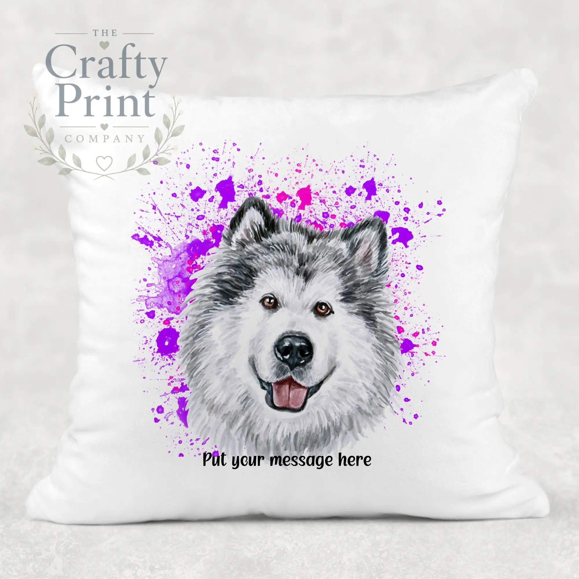 Malamute Paint Splatter Personalised Cushion - Pink