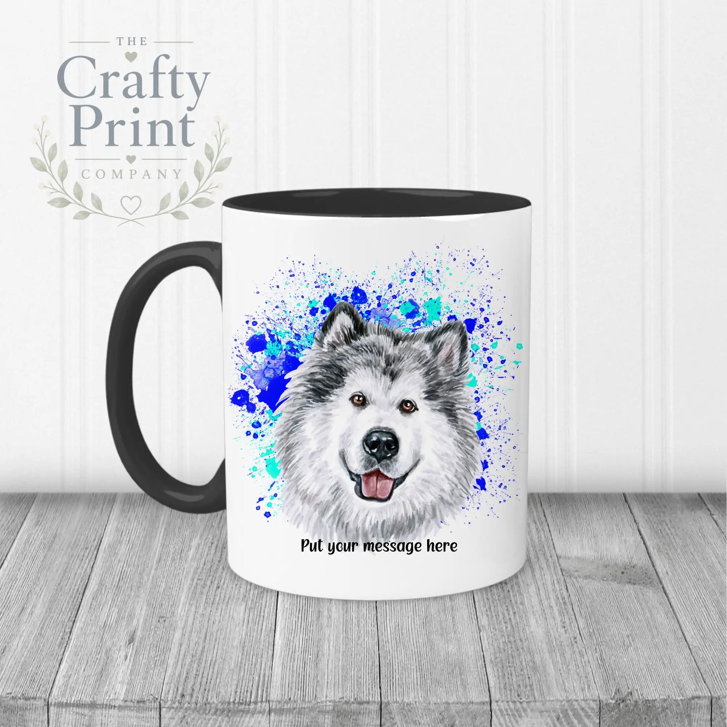 Malamute Paint Splatter Personalised Mug - Black Handle &
