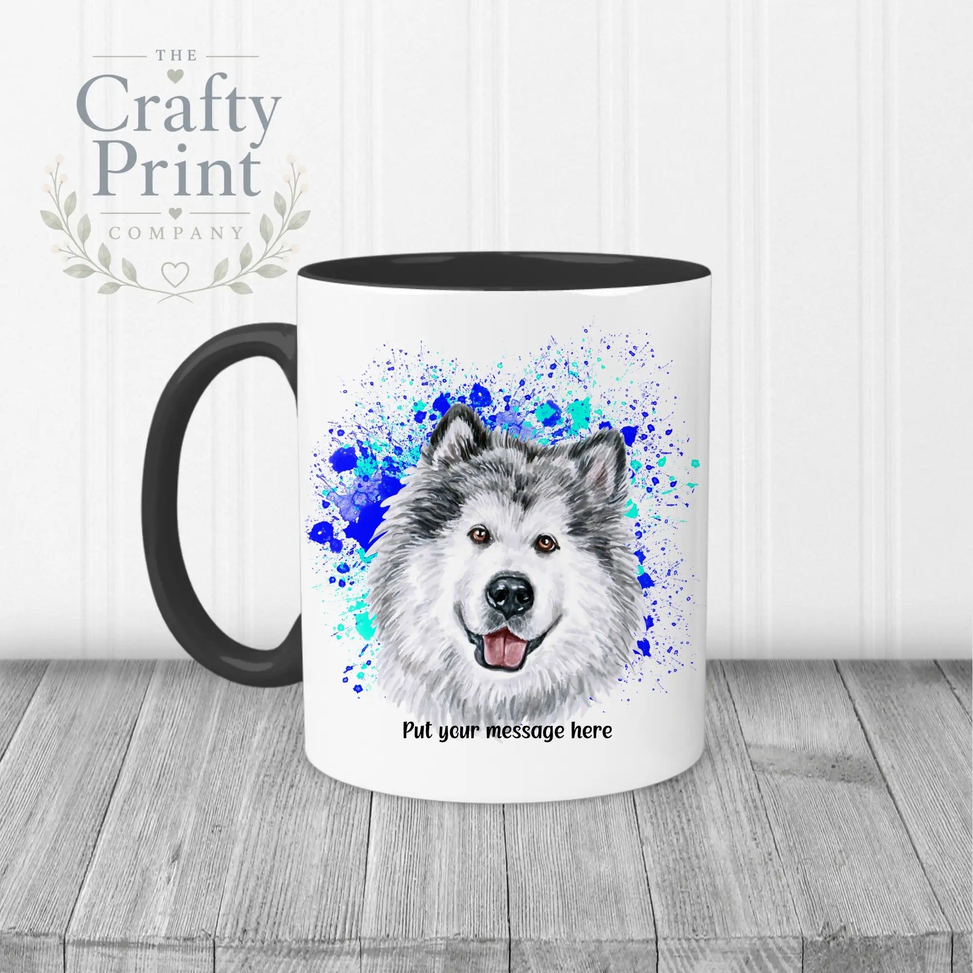 Malamute Paint Splatter Personalised Mug - Black Handle &