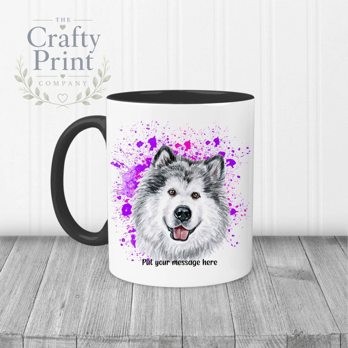 Malamute Paint Splatter Personalised Mug - Black Handle &
