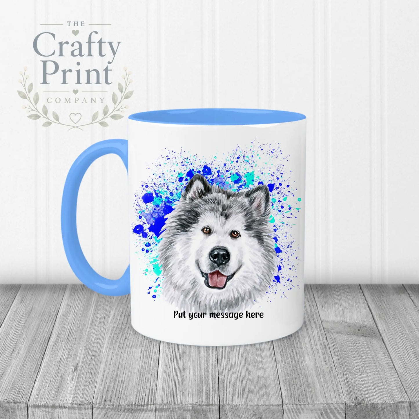 Malamute Paint Splatter Personalised Mug - Blue Handle &