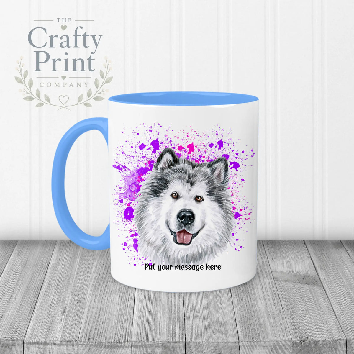 Malamute Paint Splatter Personalised Mug - Blue Handle &