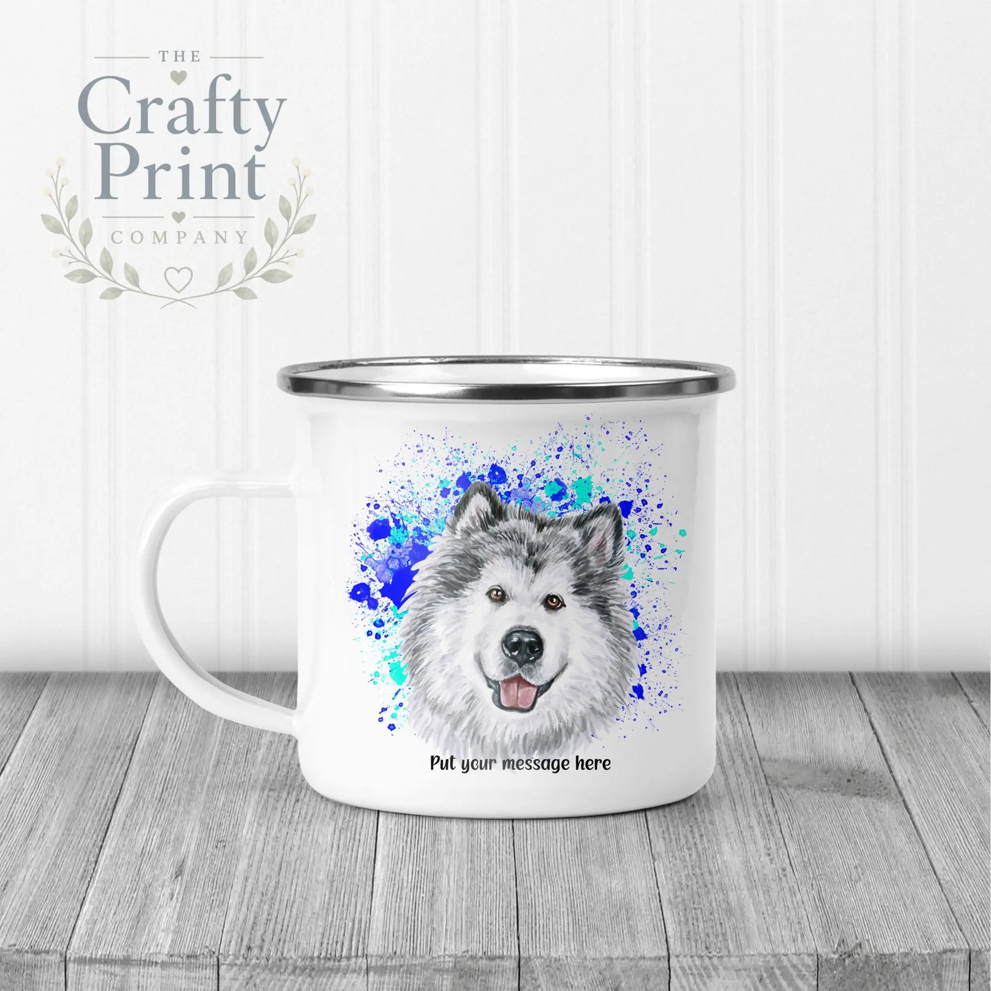 Malamute Paint Splatter Personalised Mug - Enamel / Blue
