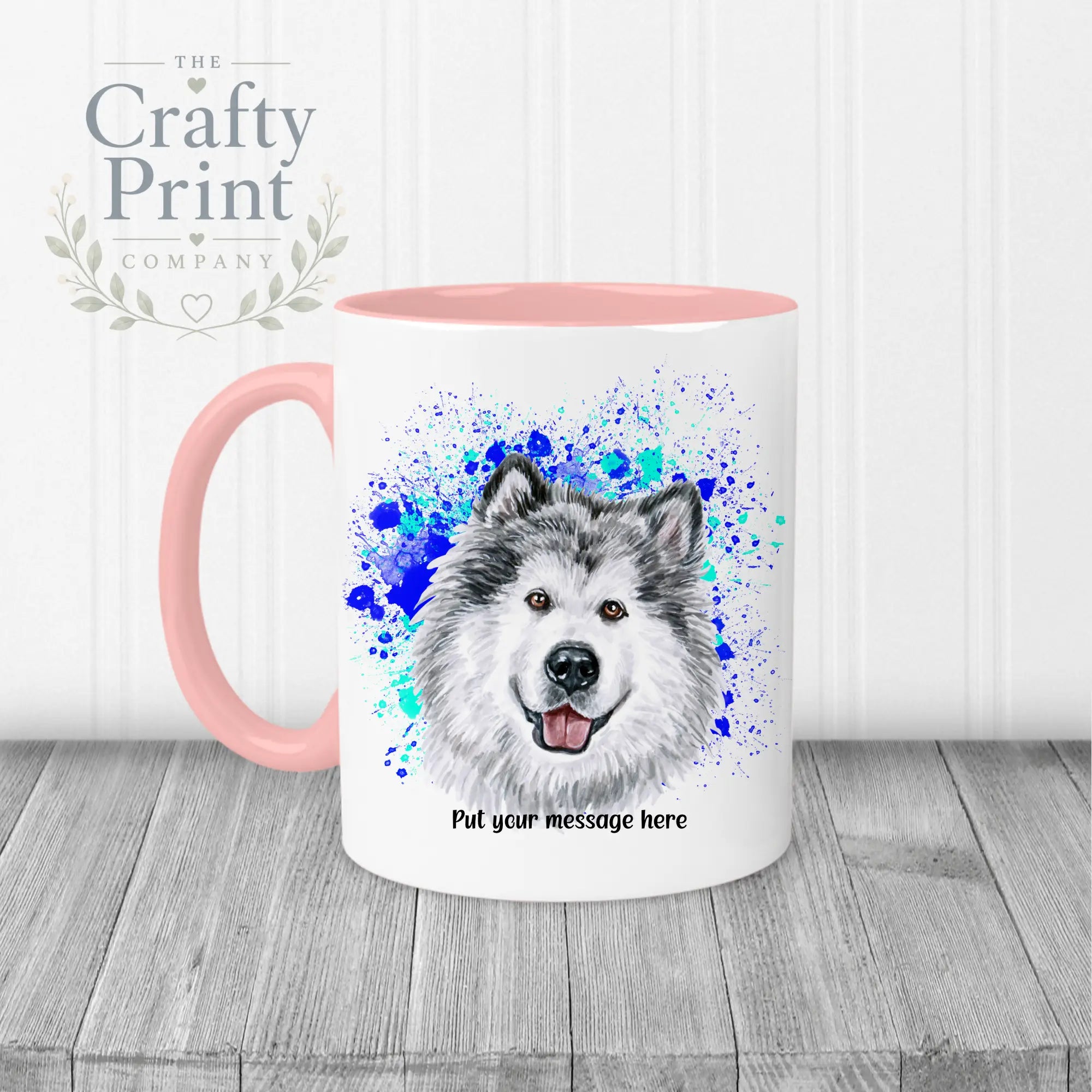 Malamute Paint Splatter Personalised Mug - Pink Handle &