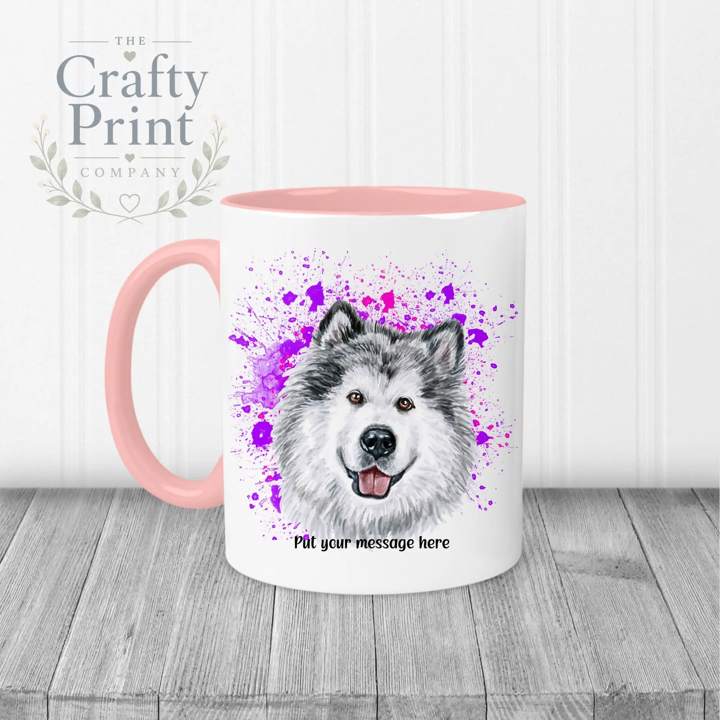 Malamute Paint Splatter Personalised Mug - Pink Handle &