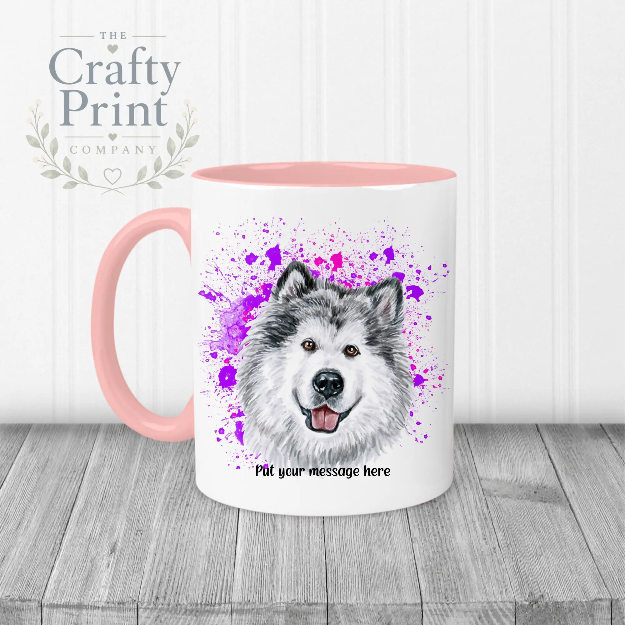 Malamute Paint Splatter Personalised Mug - Pink Handle &