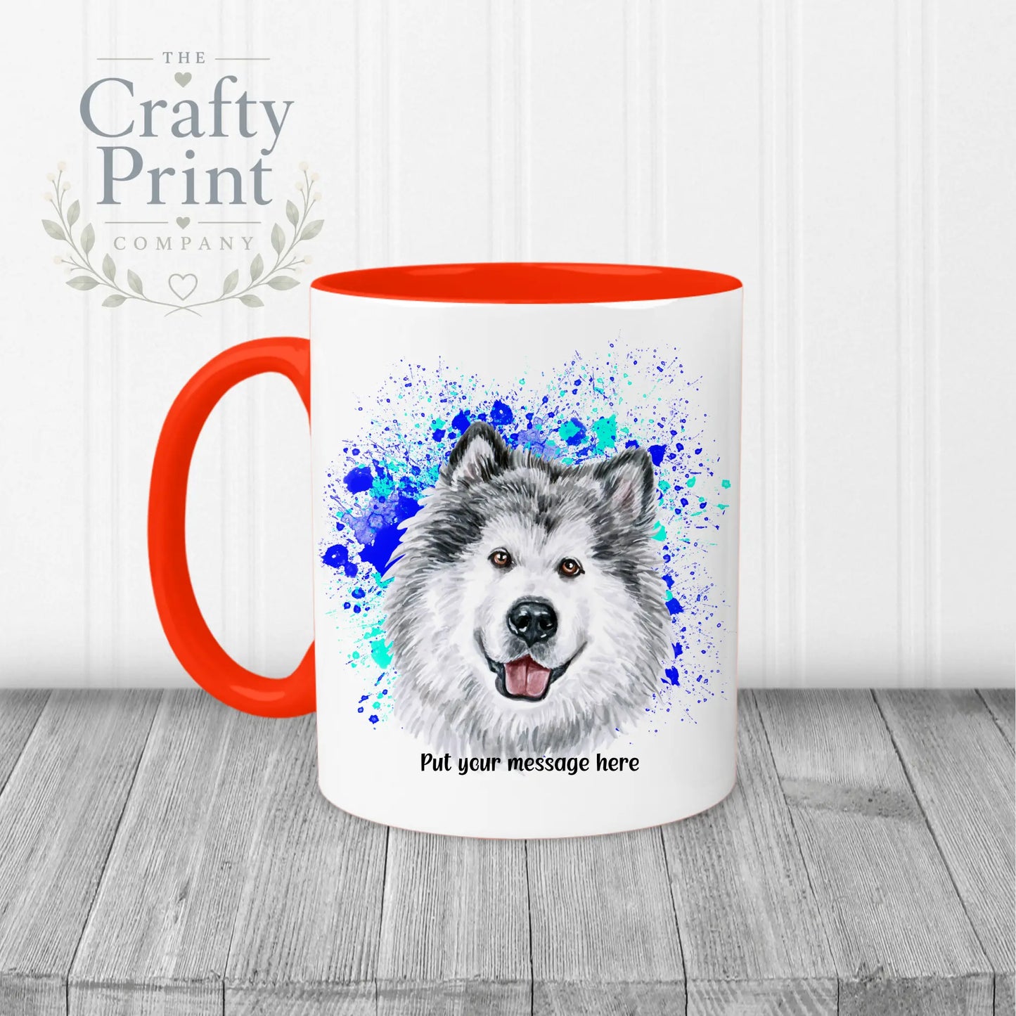 Malamute Paint Splatter Personalised Mug - Red Handle &
