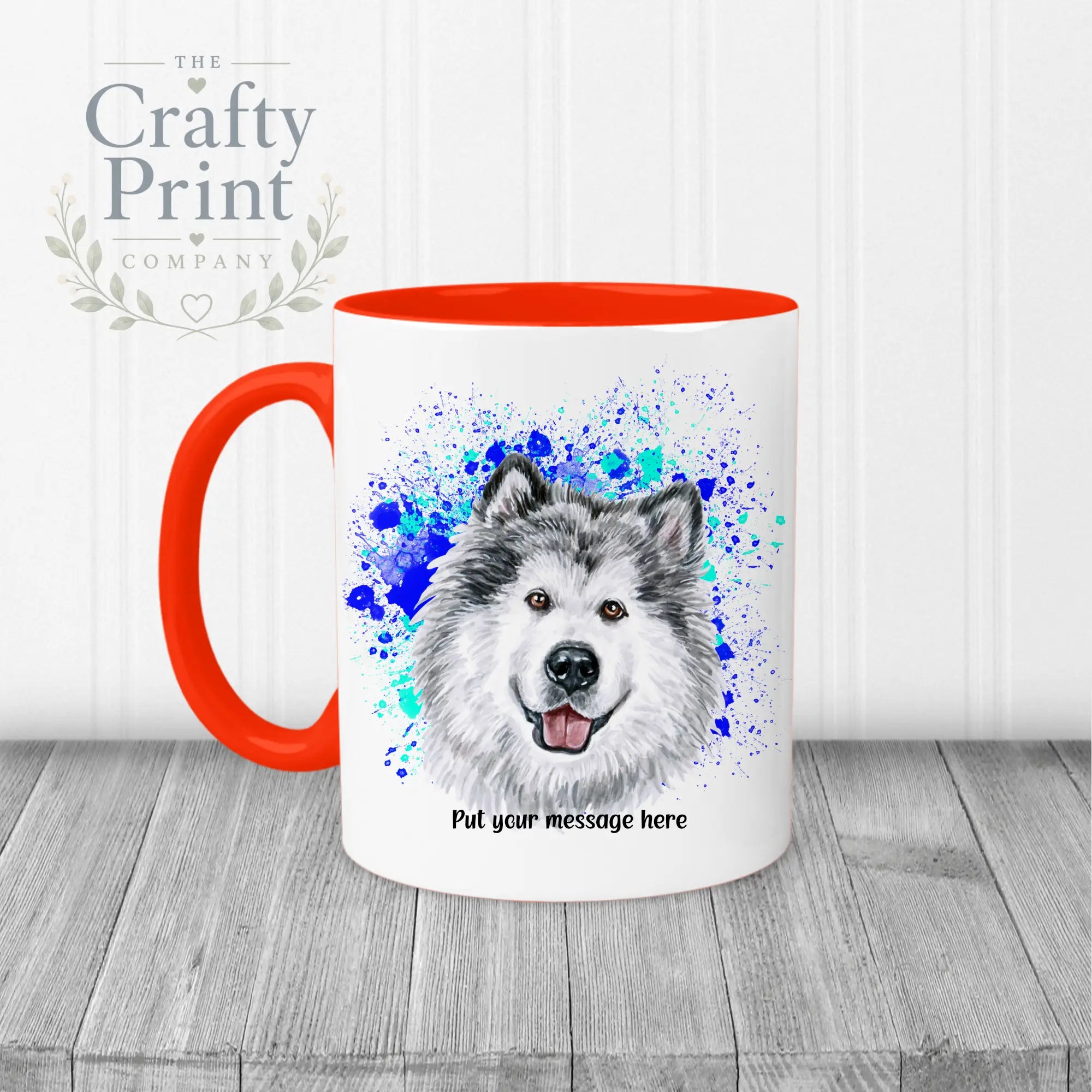 Malamute Paint Splatter Personalised Mug - Red Handle &
