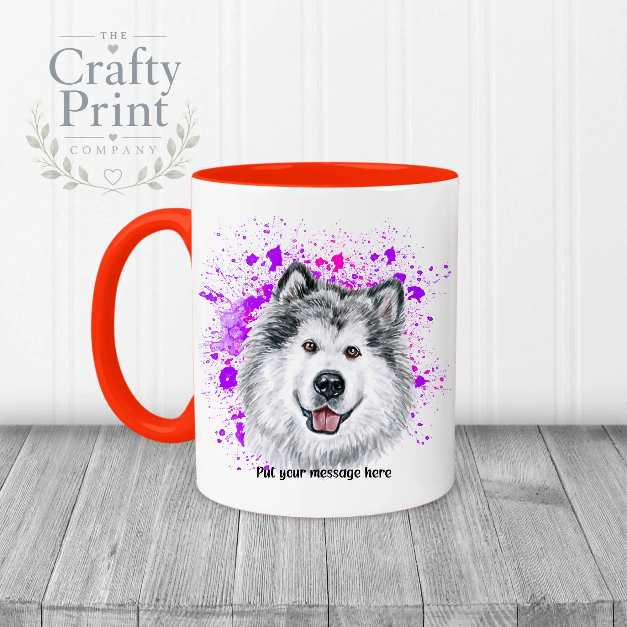 Malamute Paint Splatter Personalised Mug - Red Handle &