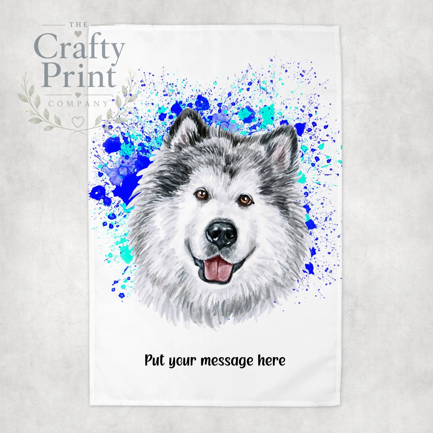 Malamute Paint Splatter Personalised Tea Towel - Blue