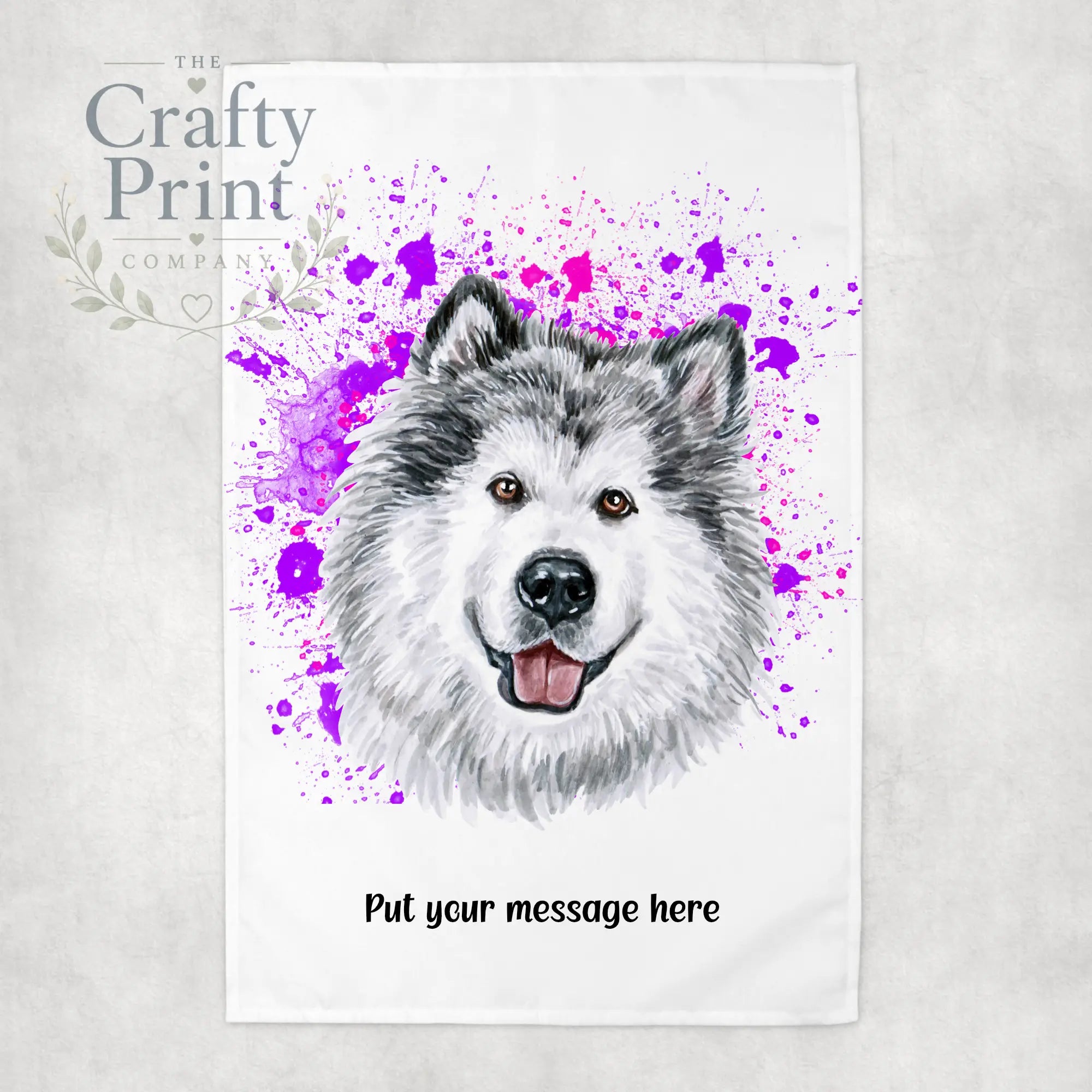 Malamute Paint Splatter Personalised Tea Towel - Pink