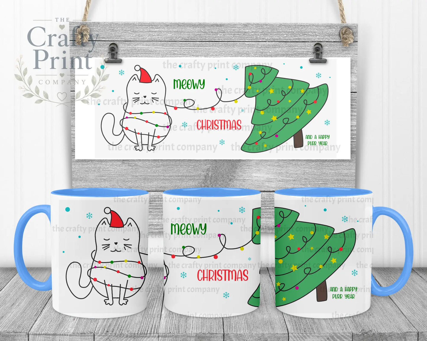 Meowy Christmas and a Happy Purr Year Mug - Blue Handle &