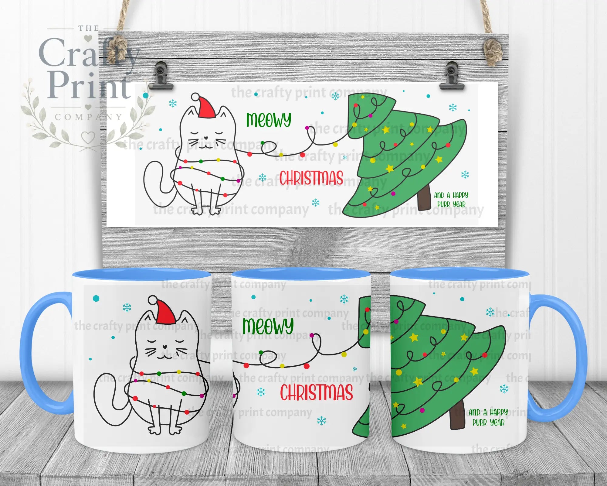 Meowy Christmas and a Happy Purr Year Mug - Blue Handle &