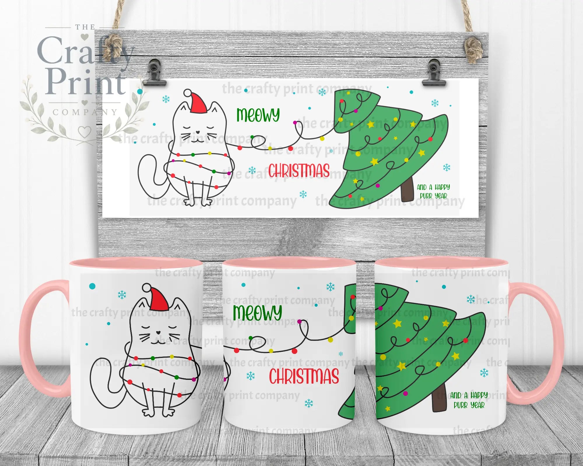 Meowy Christmas and a Happy Purr Year Mug - Pink Handle &