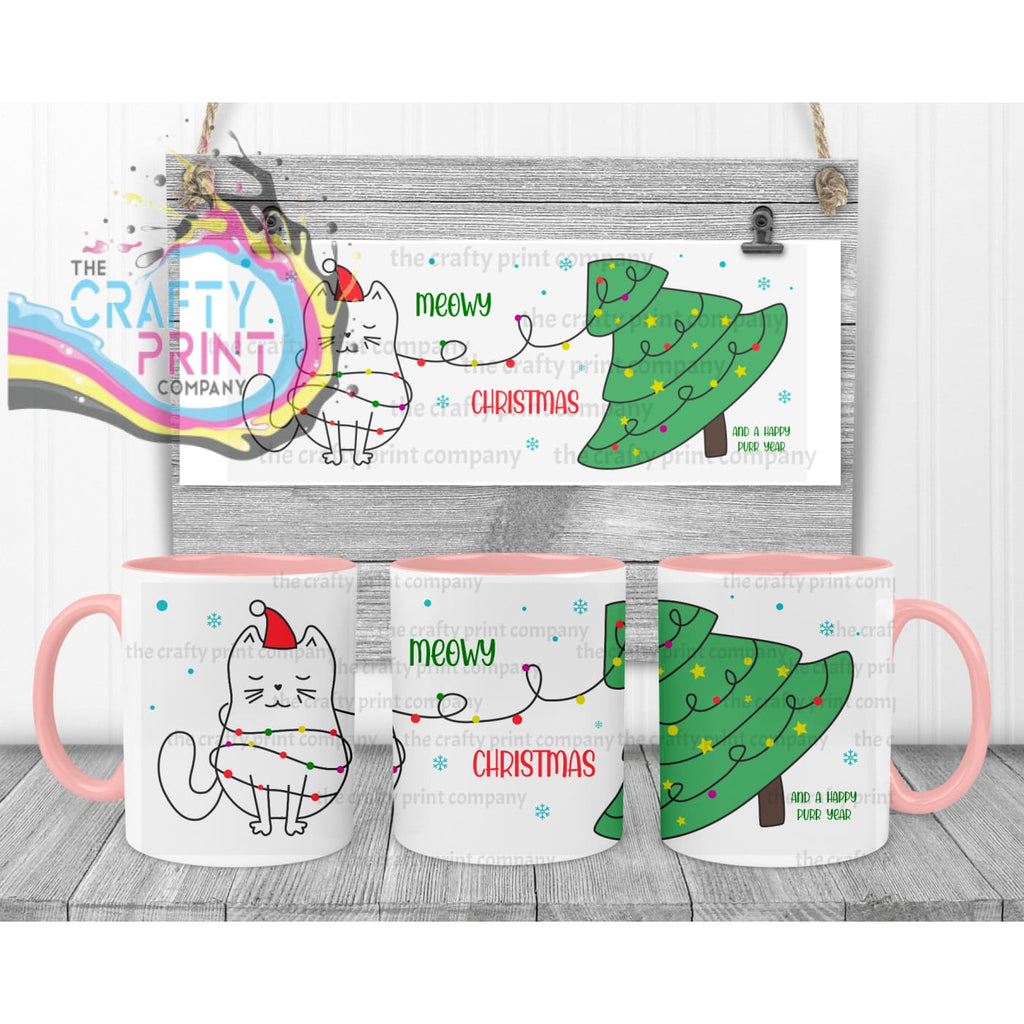 Meowy Christmas and a Happy Purr Year Mug - Pink Handle &