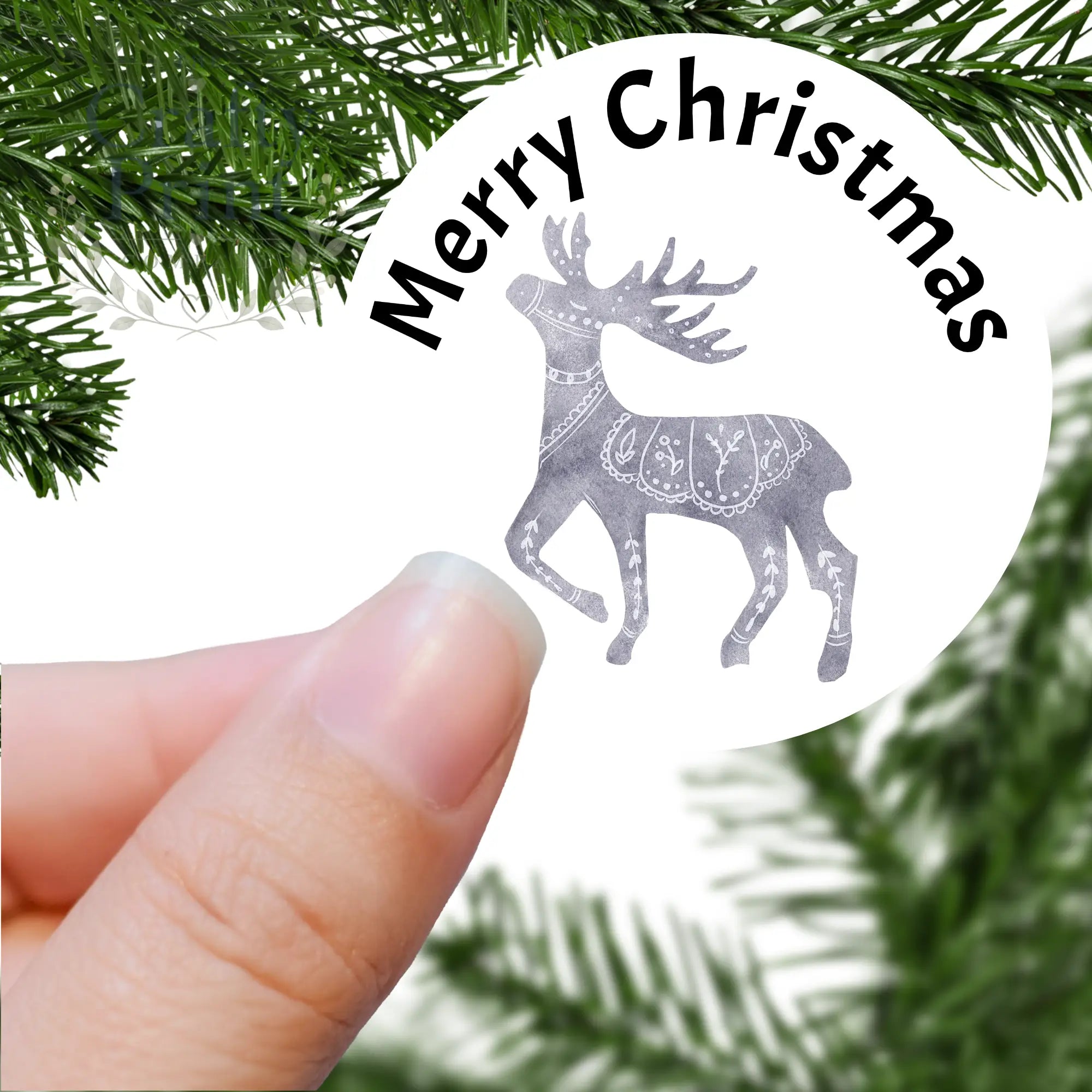Merry Christmas Grey Stag Printed Sticker - Decorative