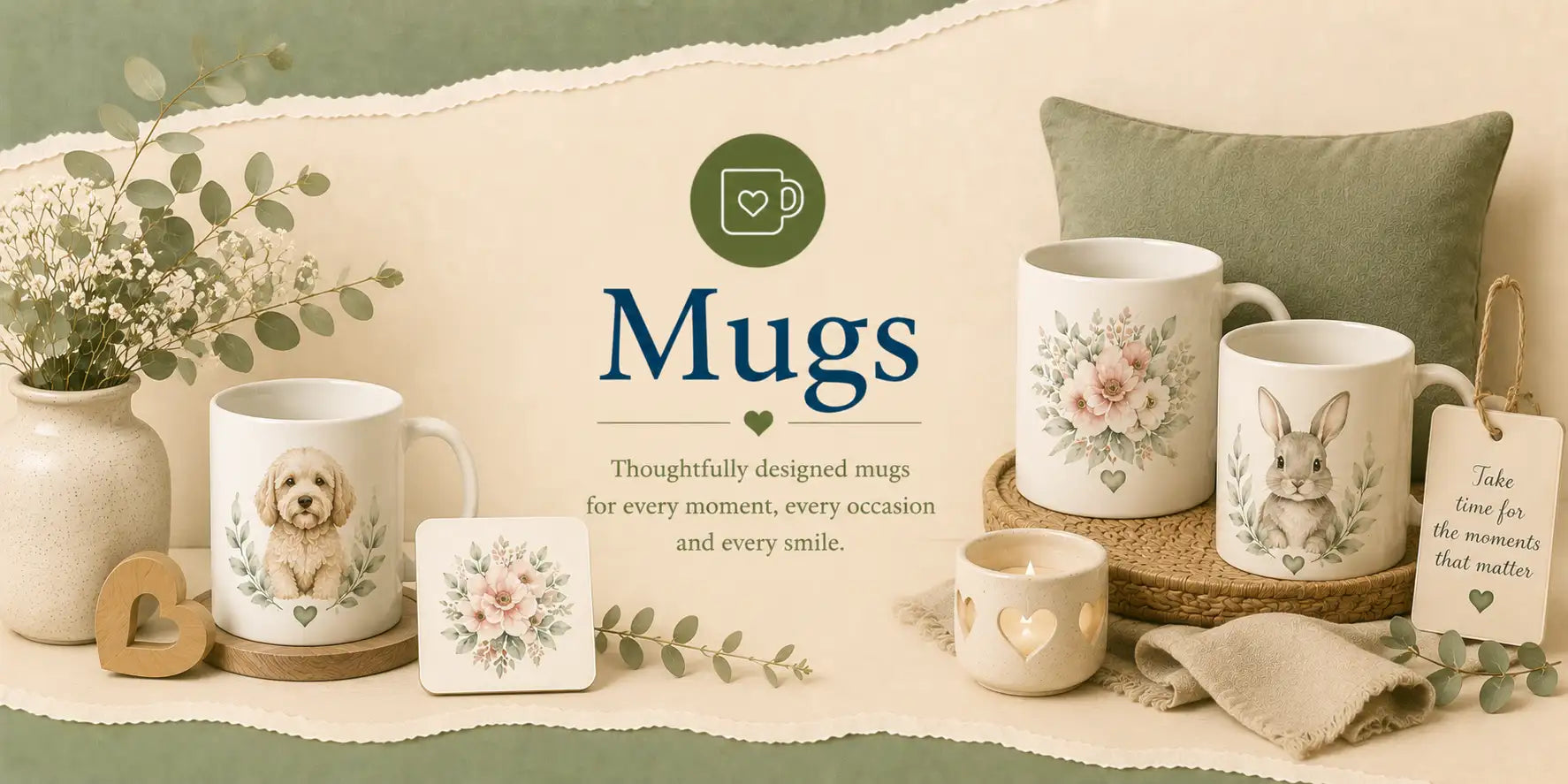 White ceramic mugs featuring delicate floral and animal illustrations.
