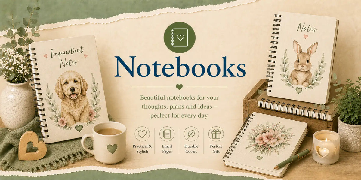 A beige spiral-bound notebook featuring a watercolor illustration of a fluffy golden retriever surrounded by greenery and pink flowers.