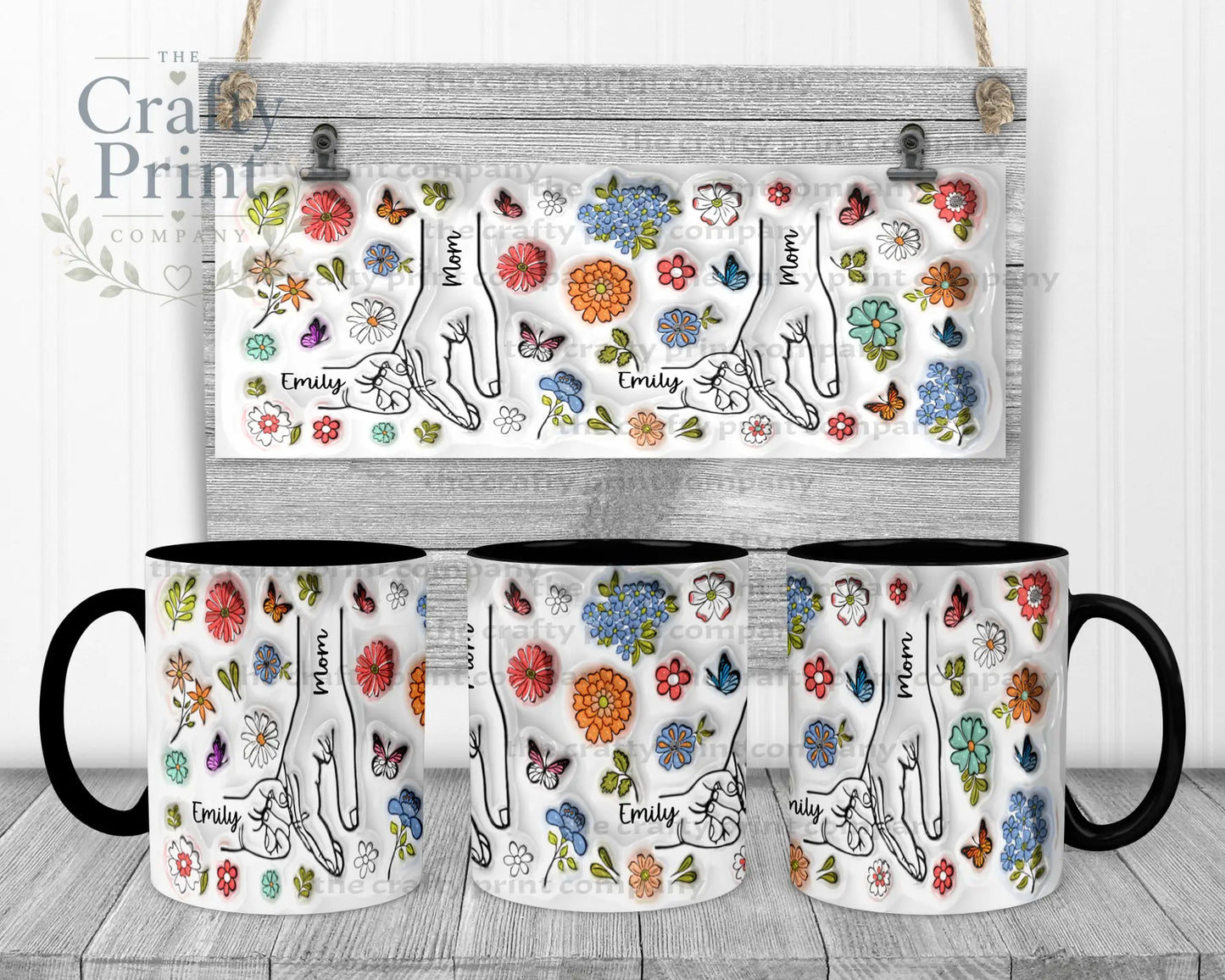 Personalised 3D Floral Mother Daughter or Son Hands Mug