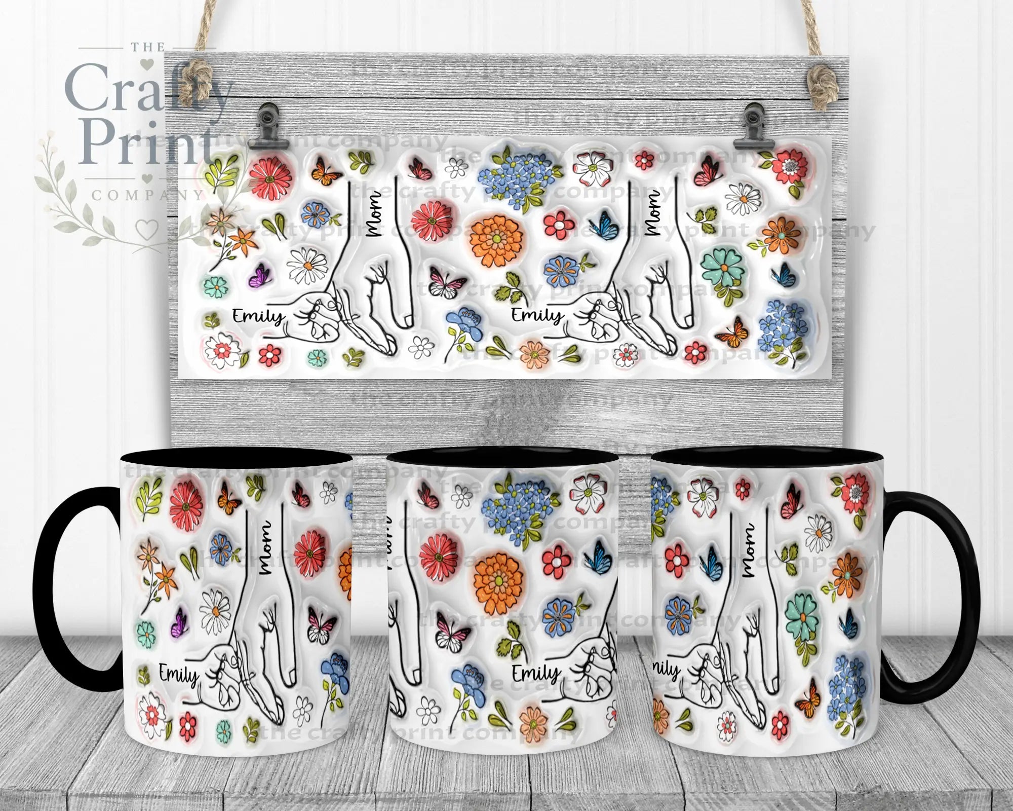Personalised 3D Floral Mother Daughter or Son Hands Mug