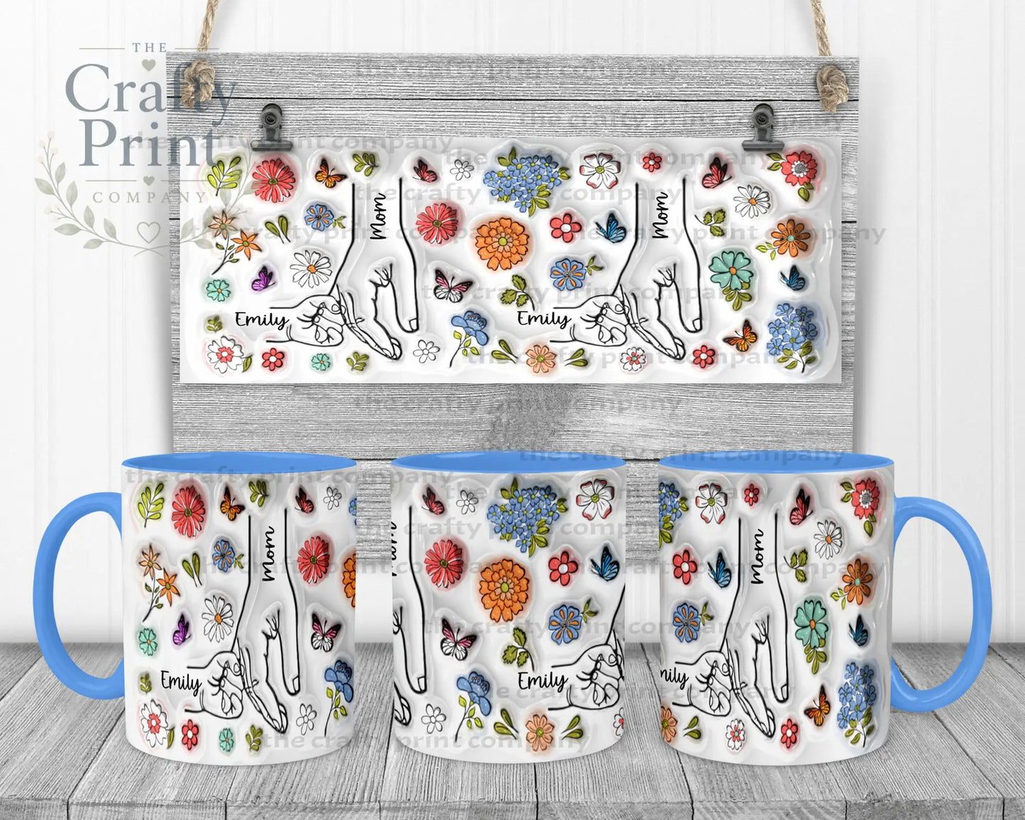 Personalised 3D Floral Mother Daughter or Son Hands Mug